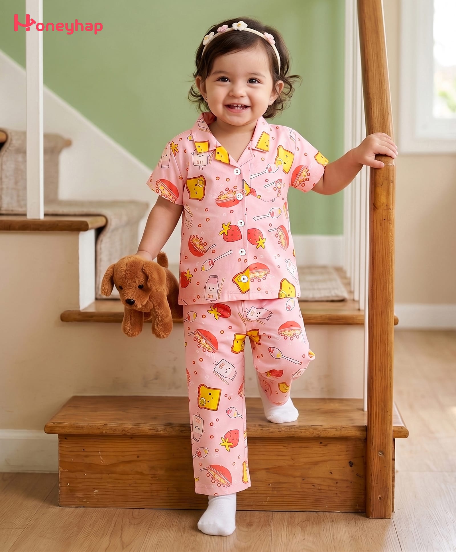 Honeyhap Premium Cotton Knit Half Sleeves Co-Ords Food Printed Shirt & Pajama Night Suit Bio Finished - Pink-picture-11