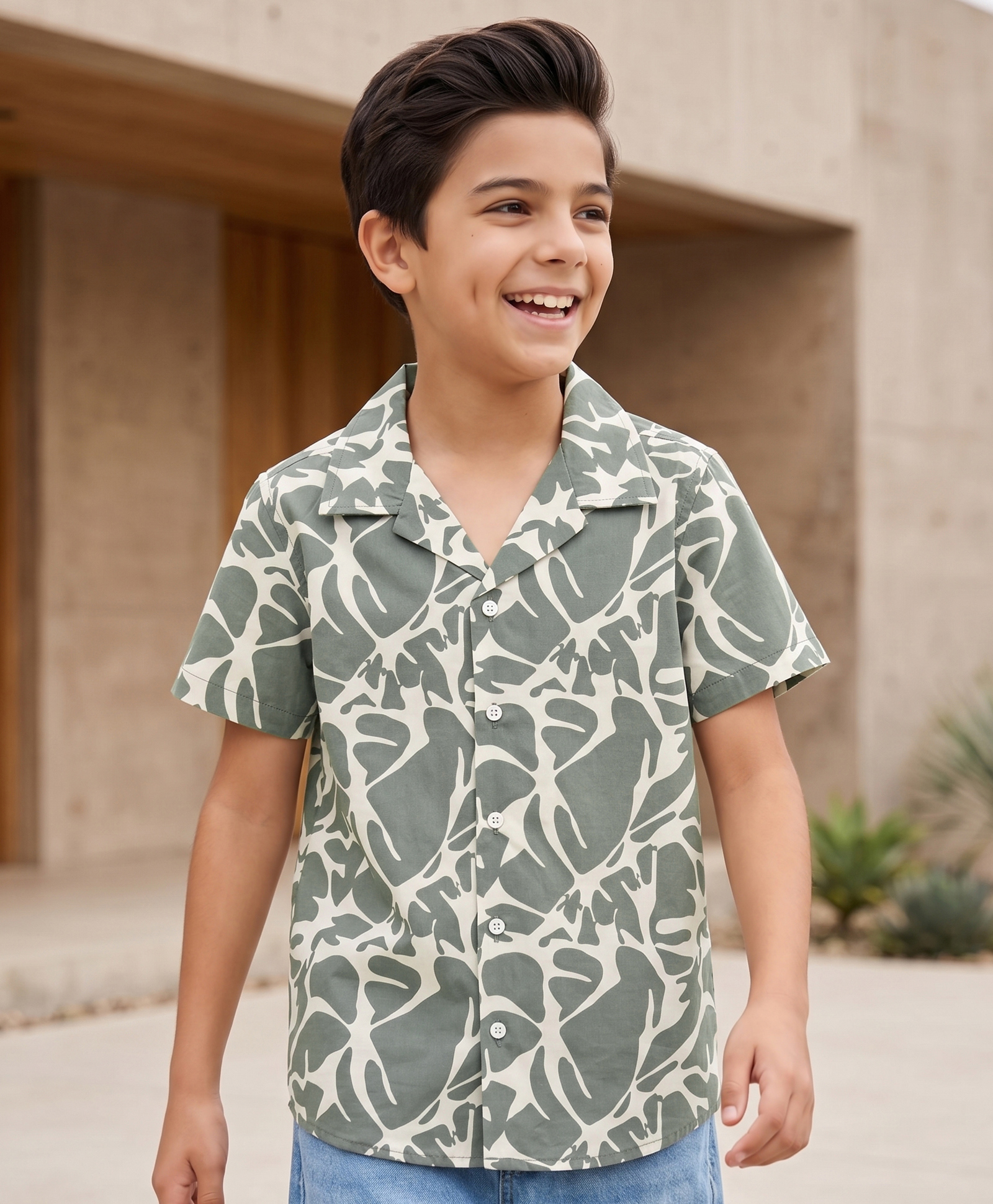Pine Kids Cotton Woven Printed Shirts Half Sleeves Resort Collar Olive Green 4-5 Years-picture-23