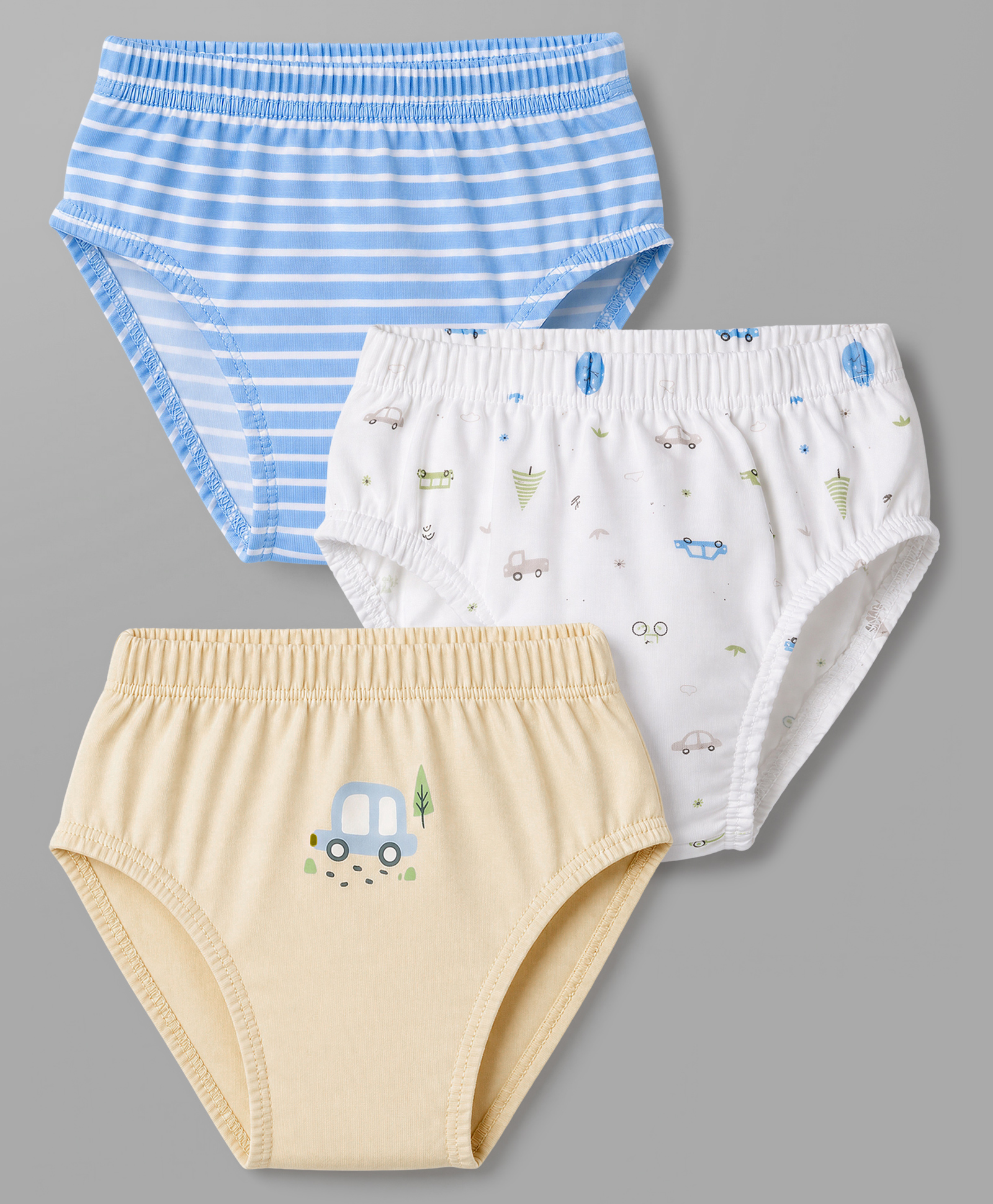 Babyhug 100% Cotton Knit Vehicles Printed & Striped Briefs Pack Of 3 - Light Blue Cream & White-image-20