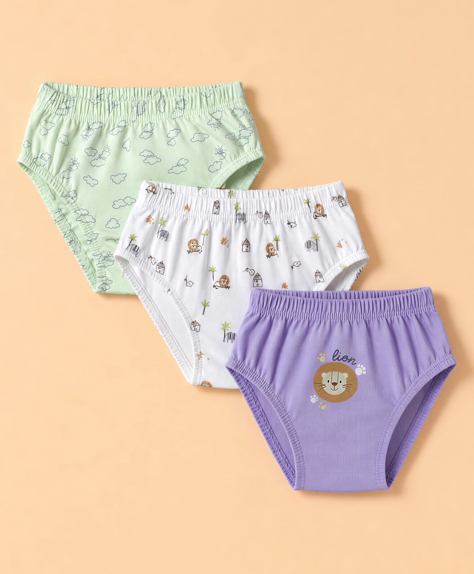 Babyhug 100% Cotton Knit Briefs With Animal Print Pack of 3 - Light Green, Lavender & White-picture-21
