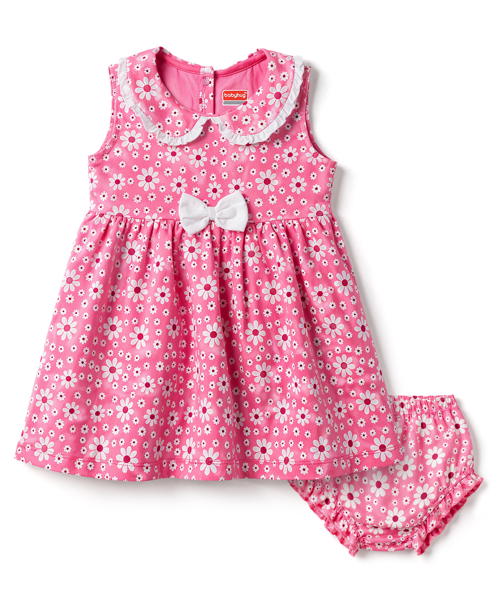 Babyhug Single Jersey Knit Sleeveless Floral Printed Frock With Bloomer & Bow Applique - Multicolor-image-29