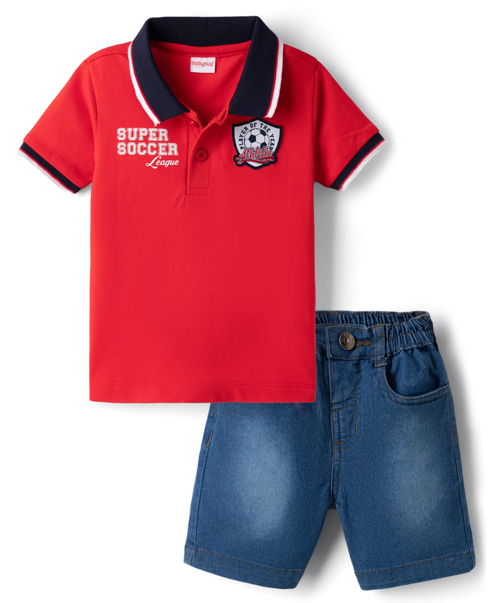 Babyhug Single Jersey Knit Half Sleeves Polo T-Shirt & Denim Shorts Set with Text Print & Badge - Red-image-28