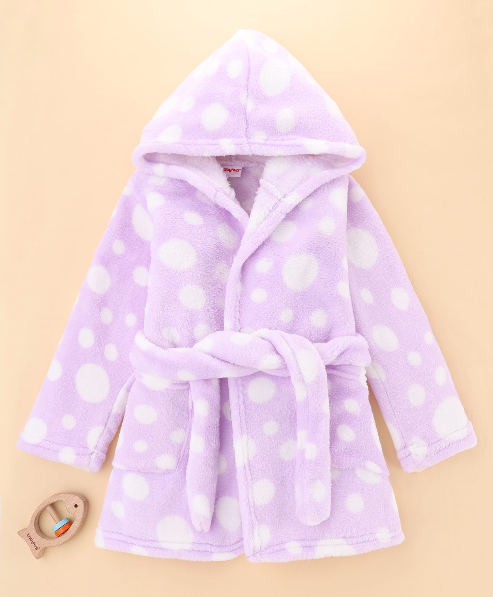 Babyhug Velour Knit Full Sleeves Hooded Bath Robe with Polka Dot Print - Lavender-image-11
