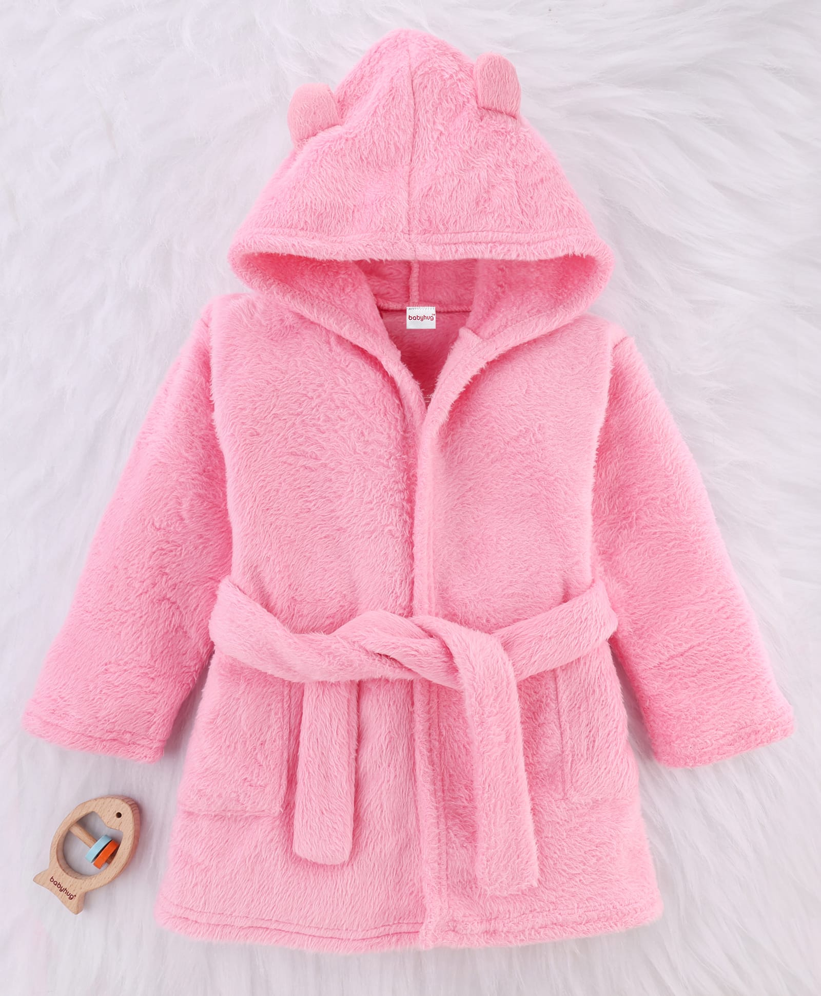 Babyhug Velour Knit Full Sleeves Hooded Bath Robe - Pink-image-23