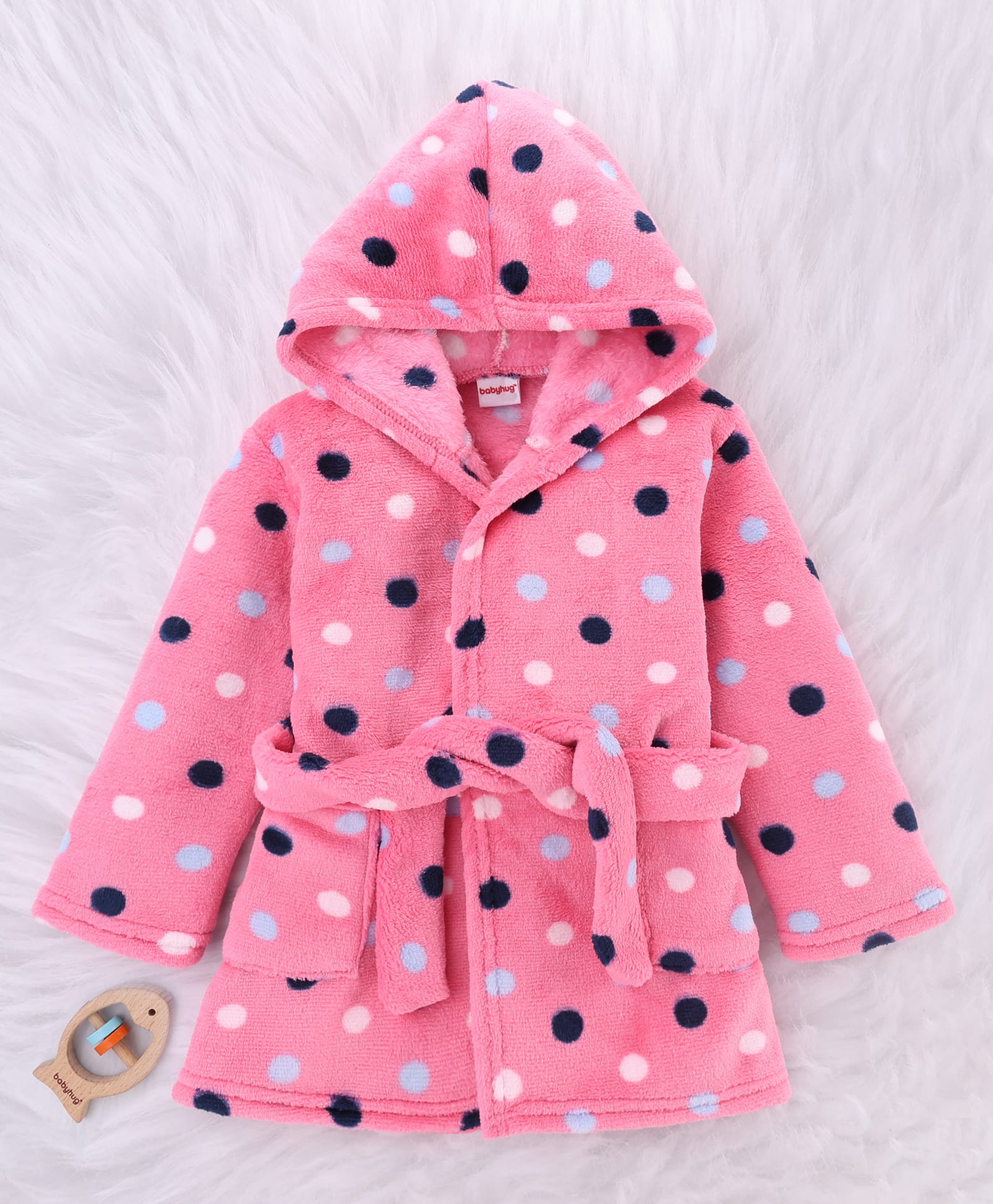 Babyhug Velour Knit Full Sleeves Hooded Bath Robe With Polka Dots Print - Pink-image-25