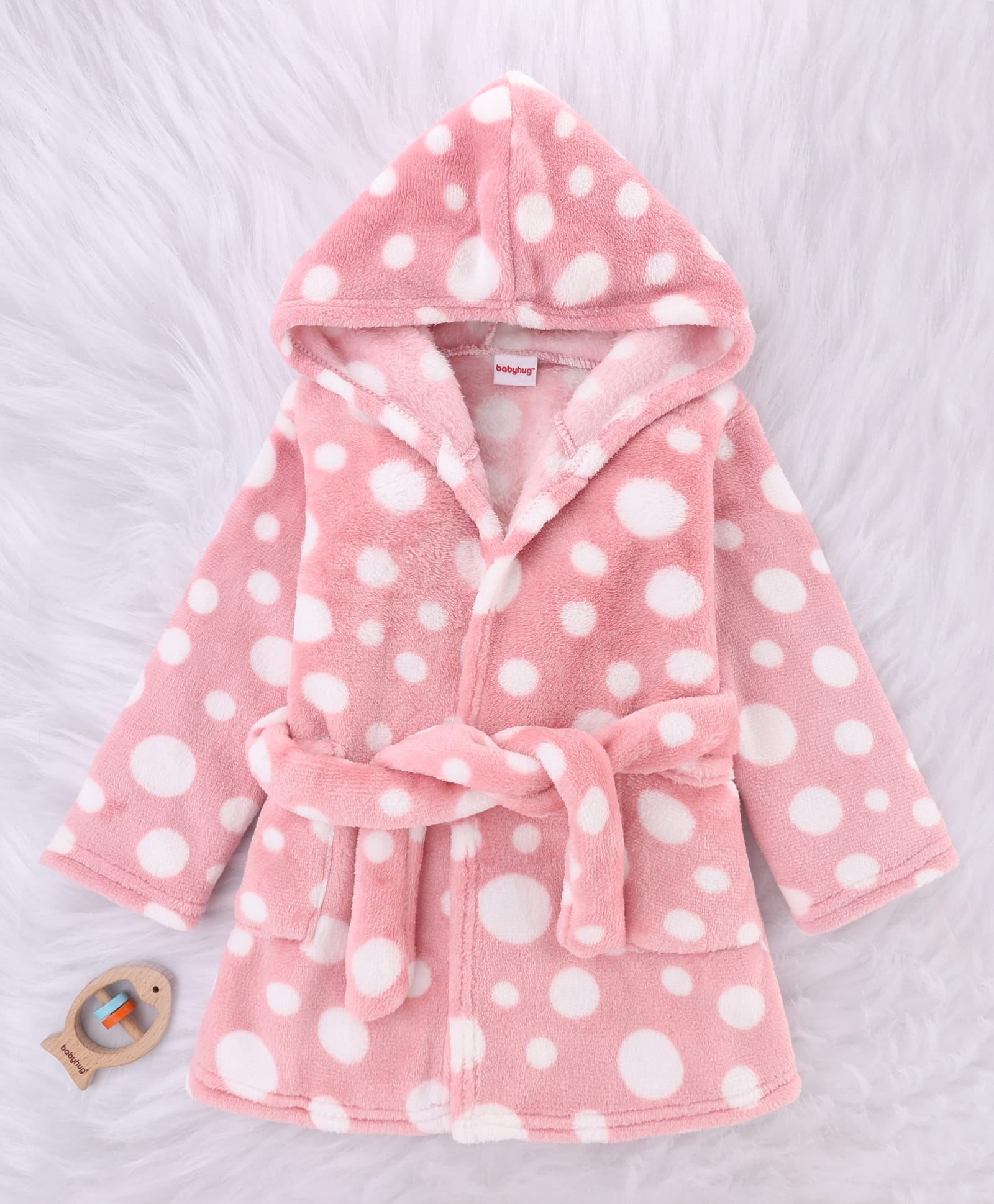 Babyhug Velour Knit Full Sleeves Hooded Bath Robe with Polka Dot Print - Pink-image-12