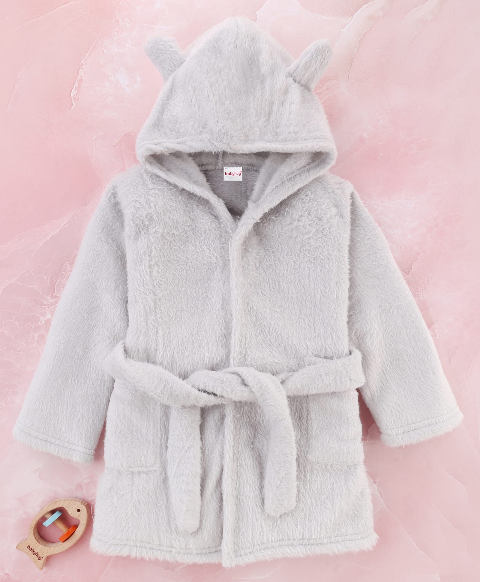 Babyhug Velour Knit Full Sleeves Hooded Bath Robe - Grey-image-6
