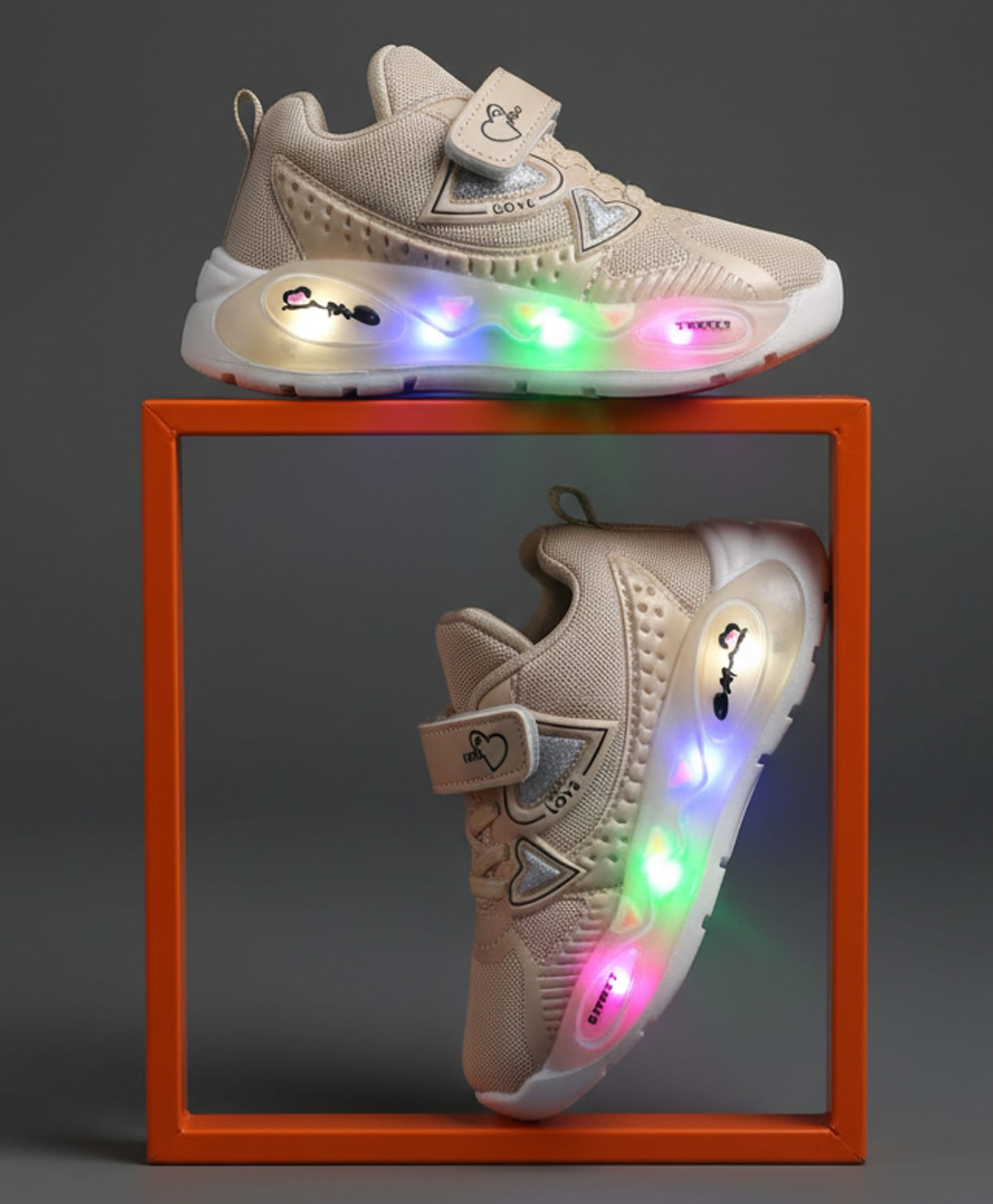 FEETWELL SHOES Hearts Designed Velcro Closure LED Shoes - Beige-picture-30