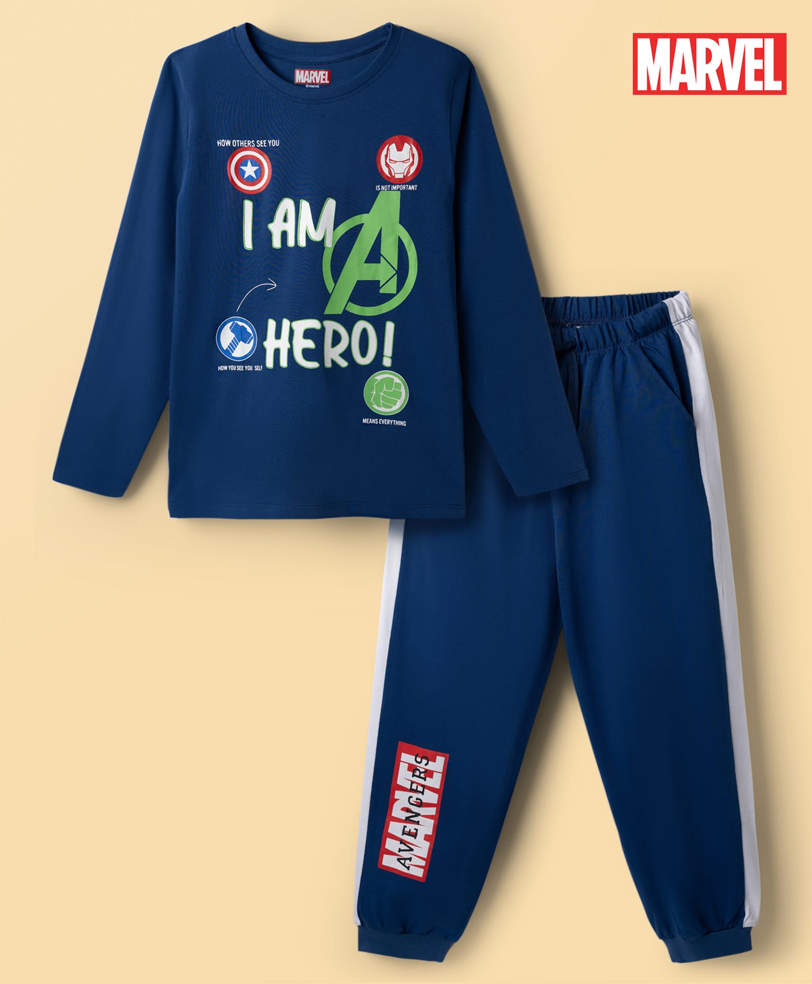 Honeyhap Marvel 100% Cotton Knit Full Sleeves T-Shirt & Pyjama Night Suit With Avengers Graphics - Blue-picture-17
