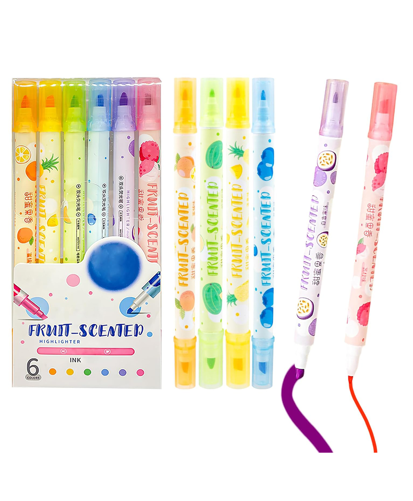 WISHKEY Double Head Fruit Scented Marker Pens, Water-Based Non-Toxic Ink, Quick Drying Dual Tip Highlighter Pens for Multipurpose (Pack of 6, Multicolor)-picture-28
