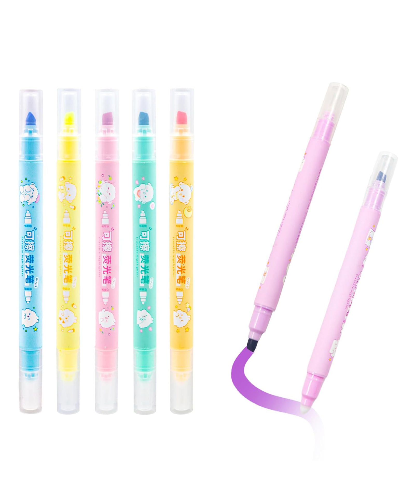 WISHKEY Double-Head Erasable Marker Pens, Non-Toxic Ink, Quick Drying Colorful Highlighter Pens for Multipurpose, Stationery Items (Pack of 6, Multicolor)-picture-21