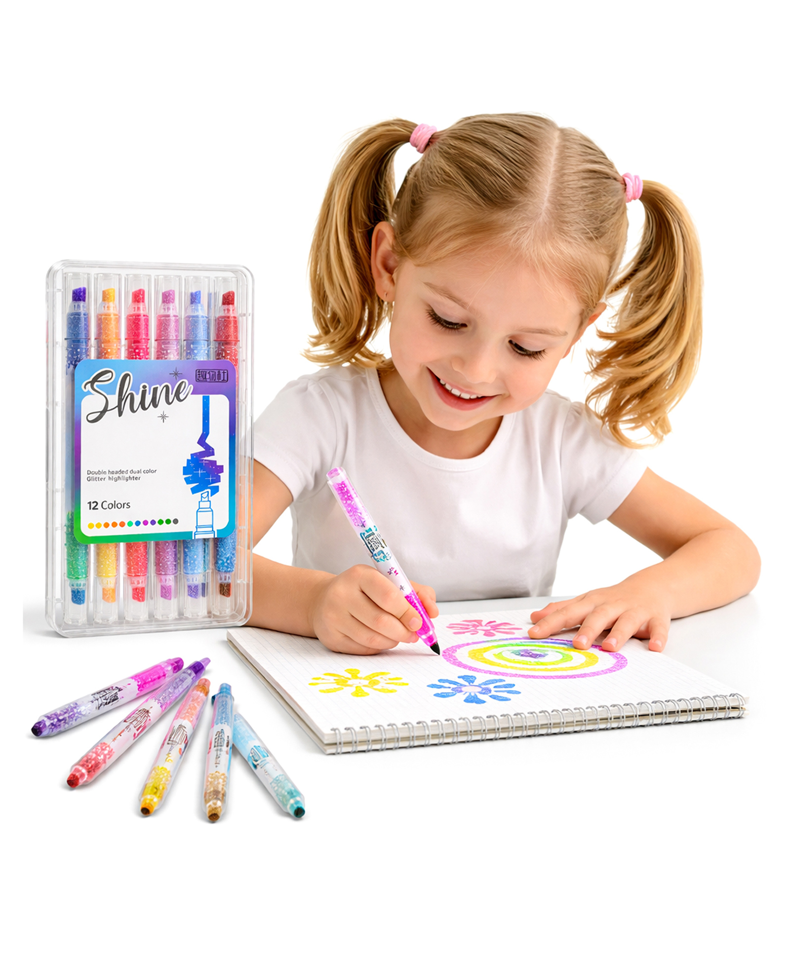WISHKEY Double-Head Glitter Marker Pens, Shining Non-Toxic Ink, Quick Drying Shimmery Colorful Highlighter Pens for Multipurpose, Stationery Items (Pack of 6, Multicolor)-image-16