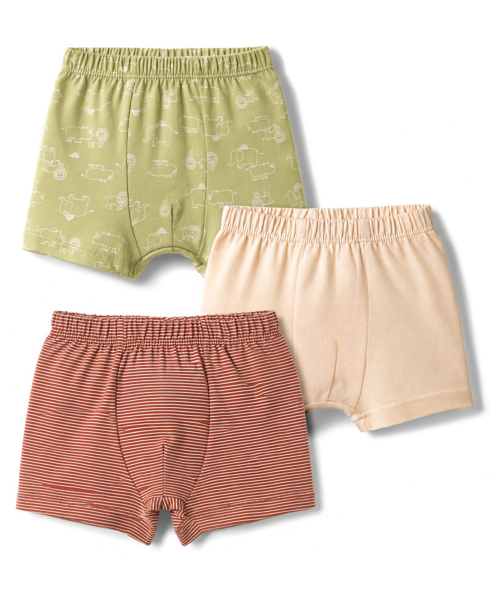 Babyhug 100% Cotton Single Jersey Knit Striped & Animals Printed Trunks Pack of 3 -Olive & Cream-image-29