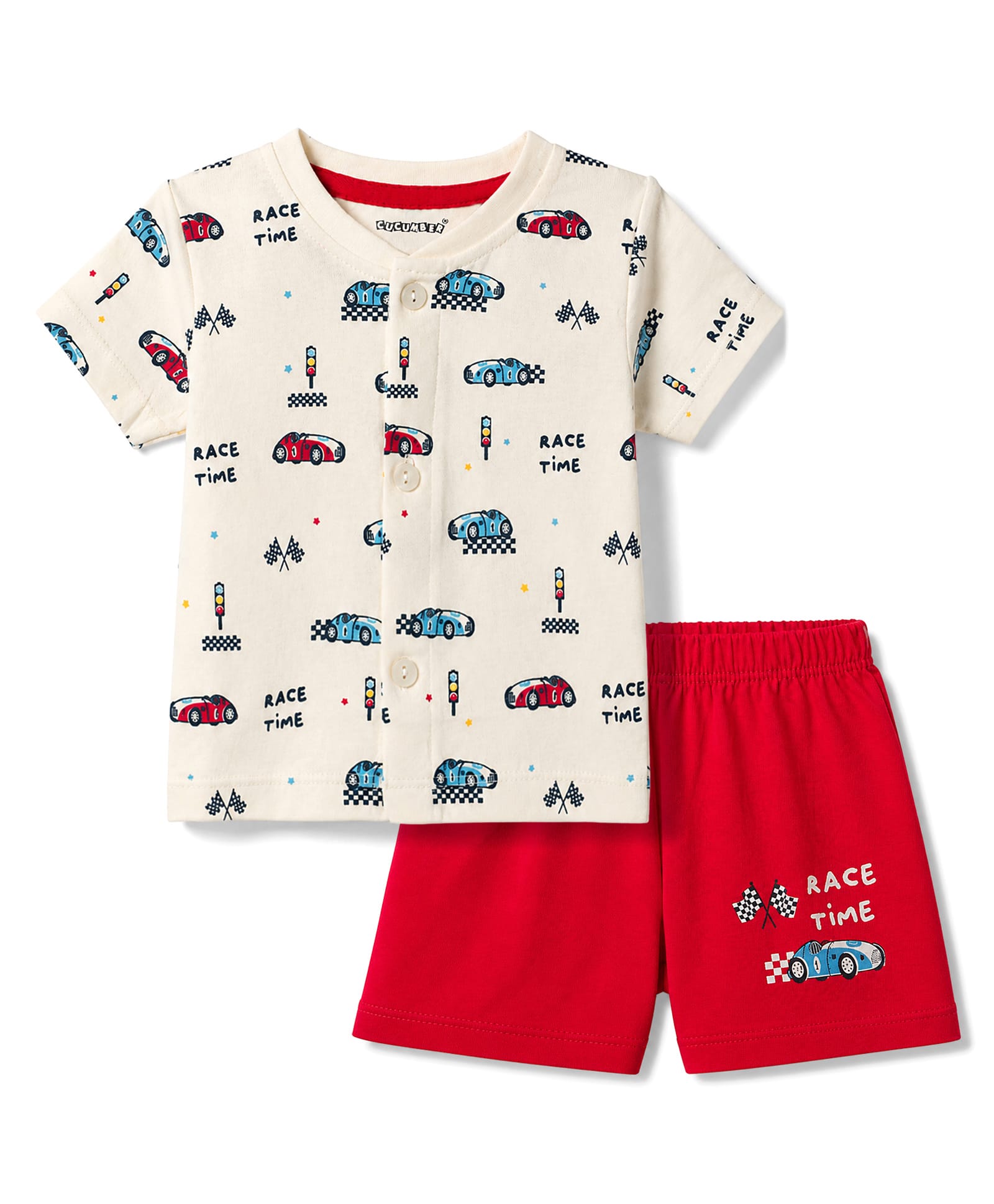 CUCUMBER Sinker Knit Half Sleeves Front Open Car Printed T-Shirt & Shorts Night Suit - Cream-picture-38