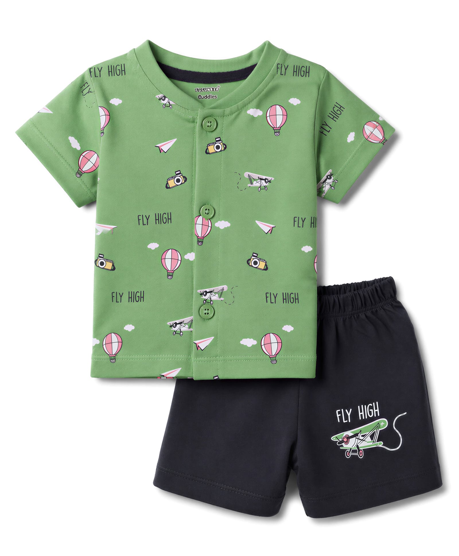 CUCUMBER Sinker Knit Half Sleeves T-Shirt & Shorts Night Suit With Aeroplane Theme - Green-picture-18