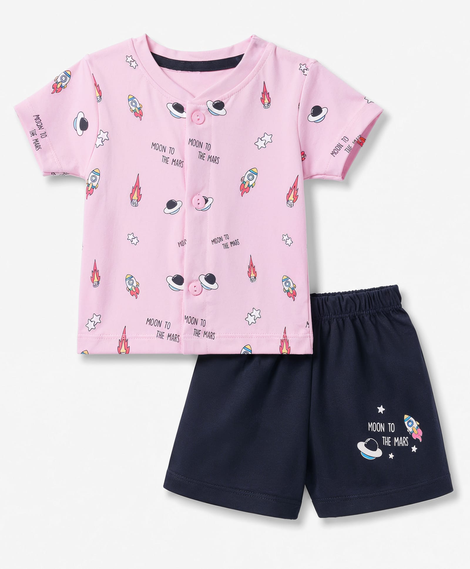 CUCUMBER Sinker Knit Half Sleeves Space Theme Printed T-Shirt & Shorts NIght Suit - Pink-picture-34