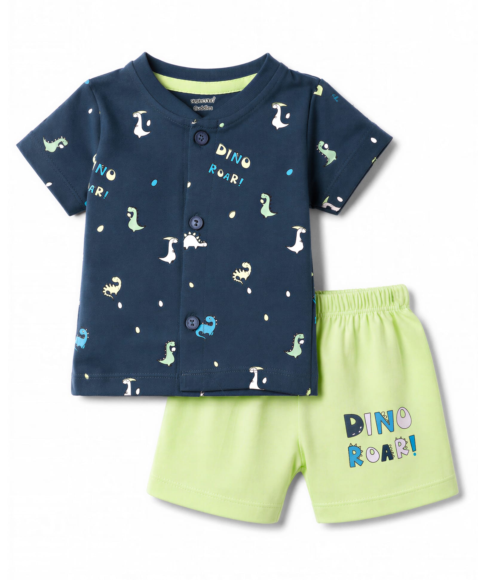 CUCUMBER Sinker Knit Half Sleeves T-Shirt & Shorts Night Suit With Dino Print - Blue-picture-49