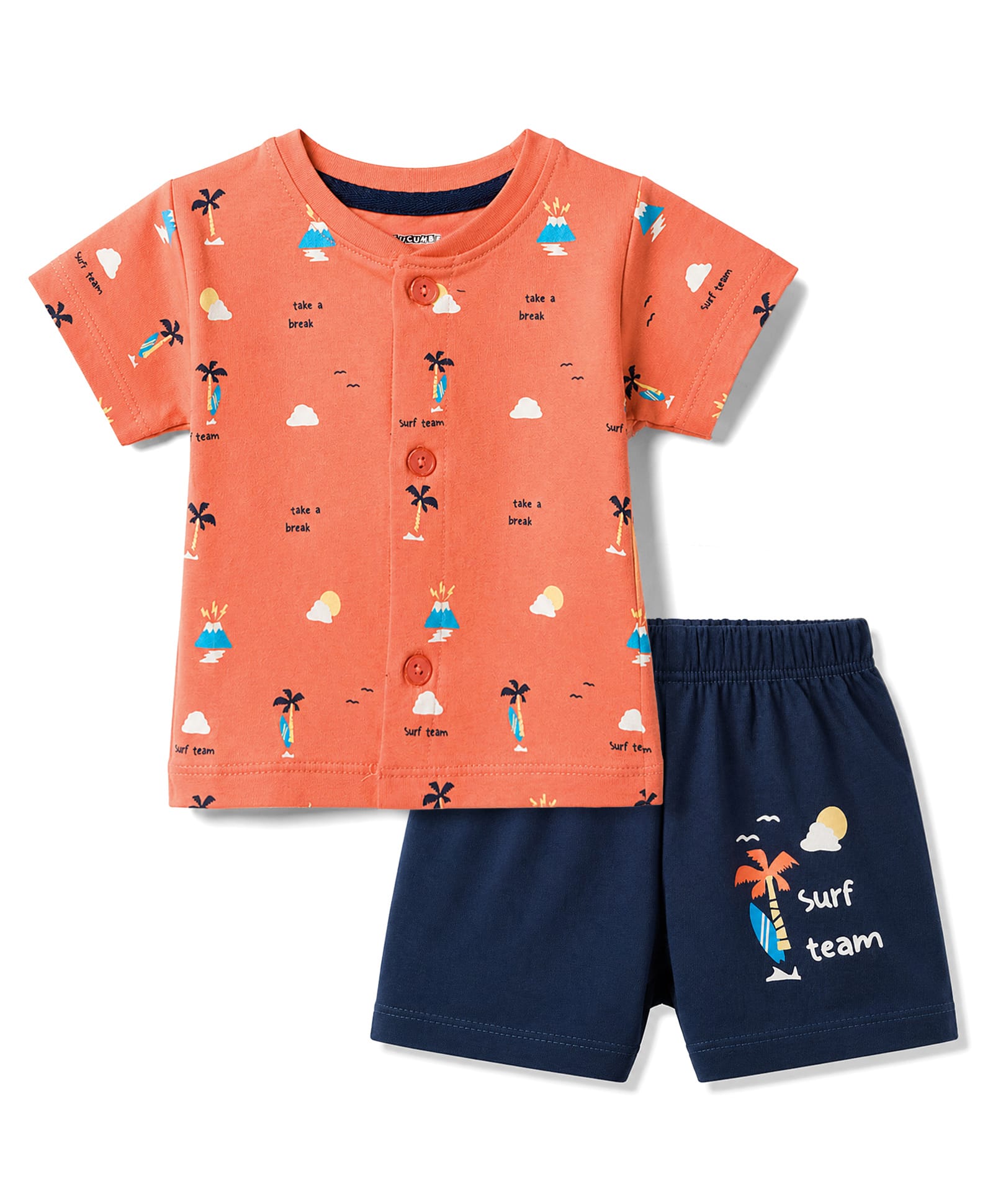 CUCUMBER Sinker Knit Half Sleeves T-Shirt & Shorts Night Suit With Tropical Theme - Orange-image-24