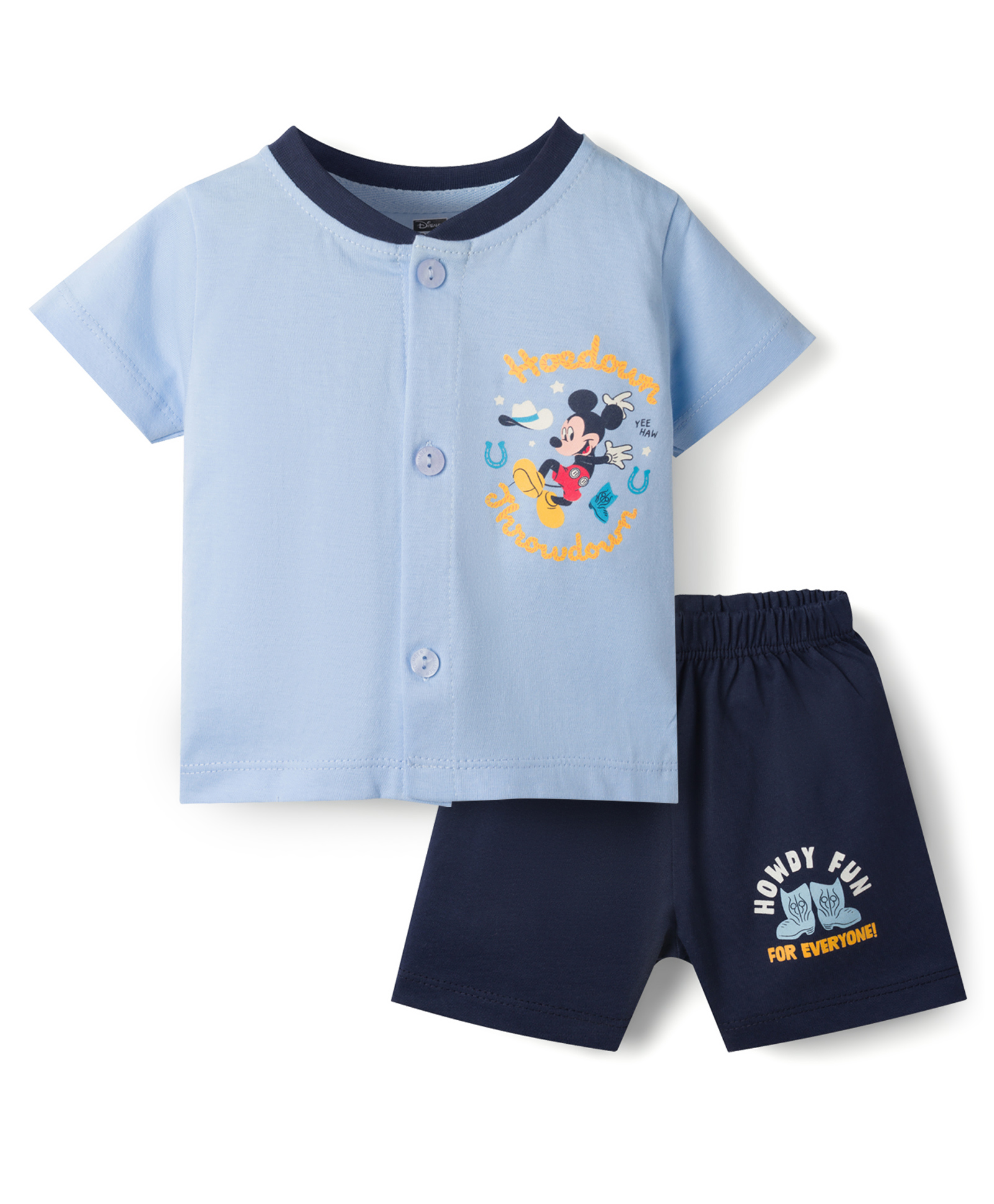 CUCUMBER Sinker Knit Half Sleeves Front Open Mickey Printed T-Shirt & Shorts Night Suit - Blue-image-42