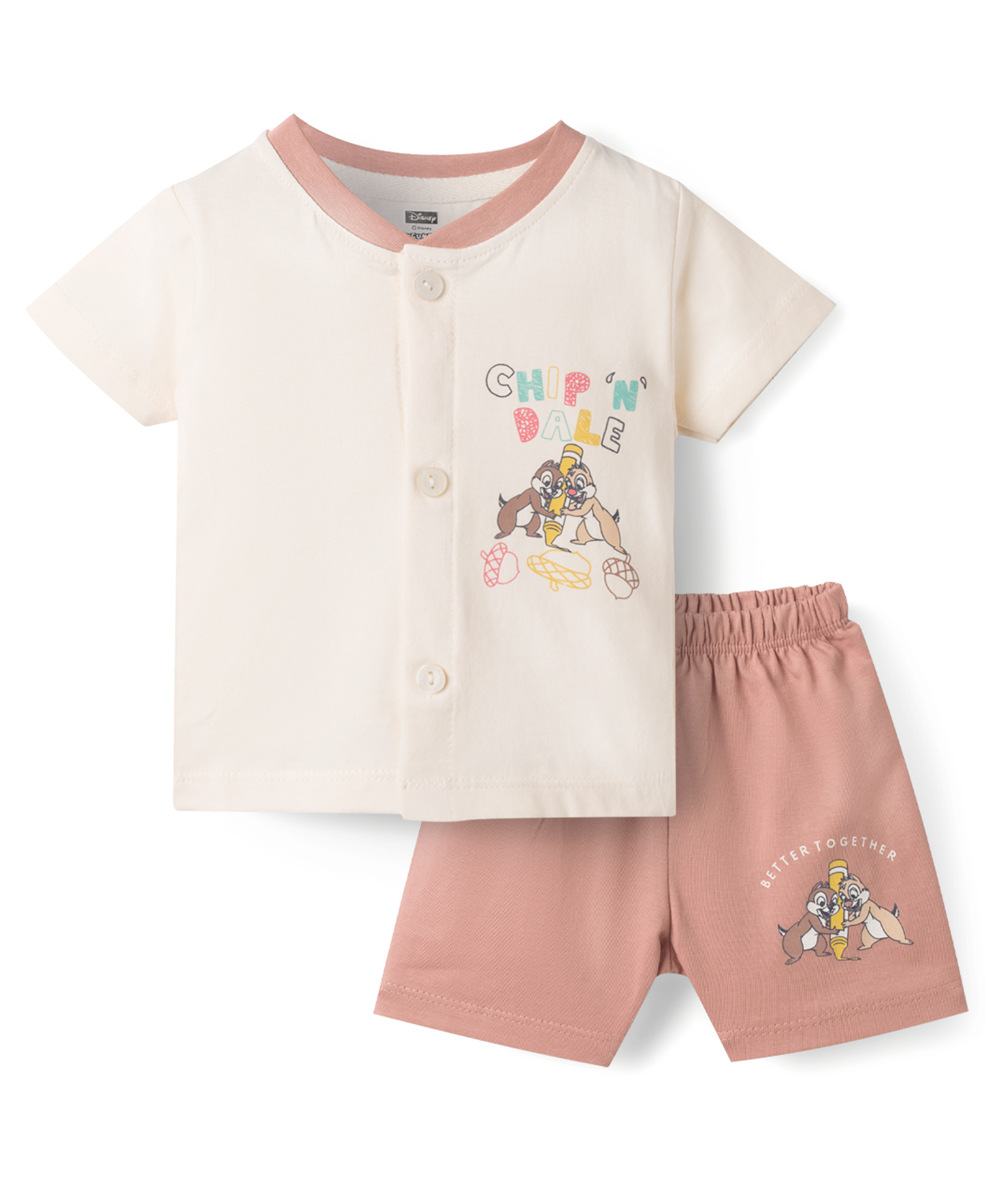 CUCUMBER Sinker Knit Half Sleeves Front Open Chip n Dale Printed T-Shirt & Shorts Night Suit - Cream-image-22