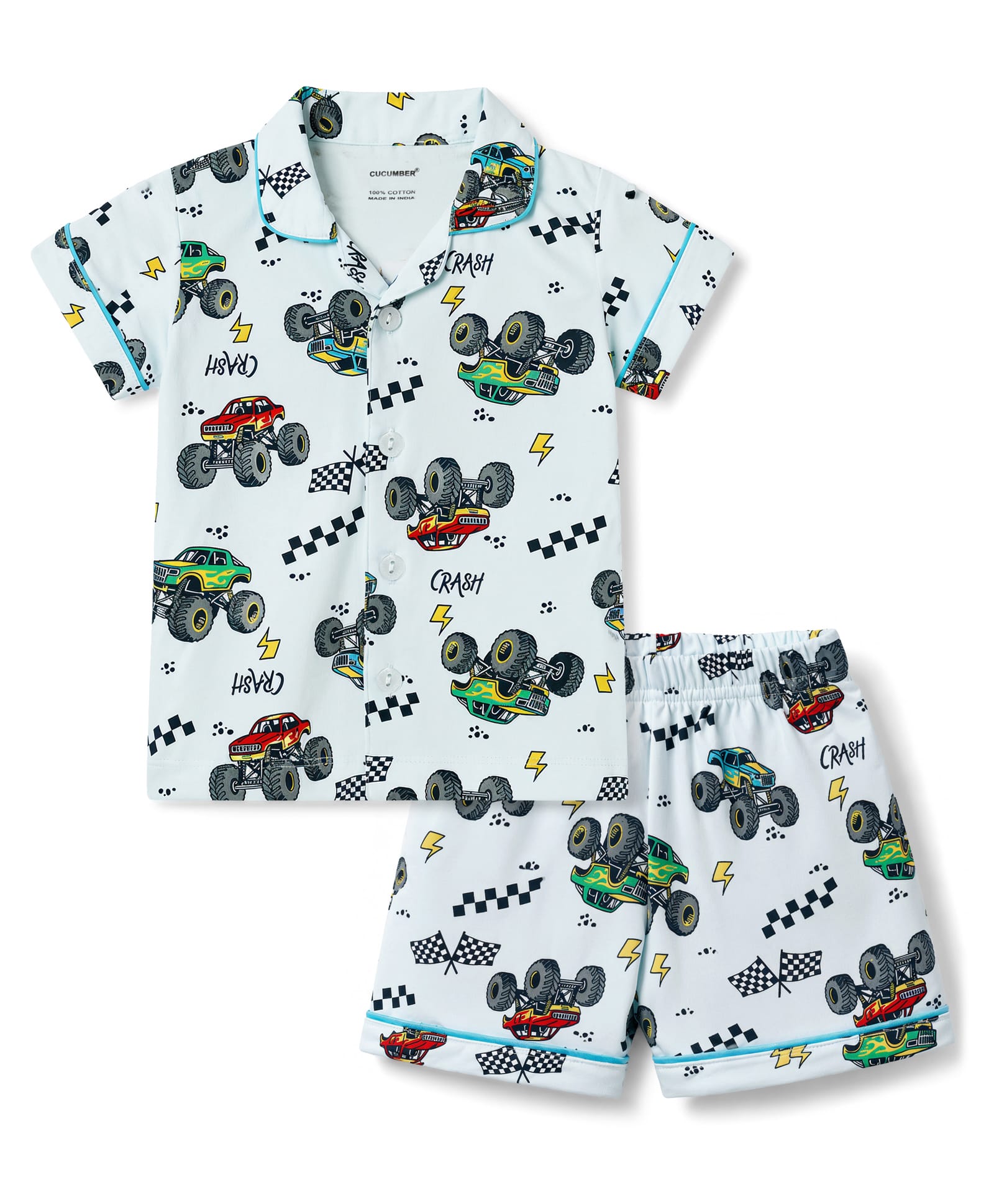 CUCUMBER Sinker Knit Half Sleeves T-Shirt & Shorts Co-Ord Night Suit With Car Print - Blue-picture-5