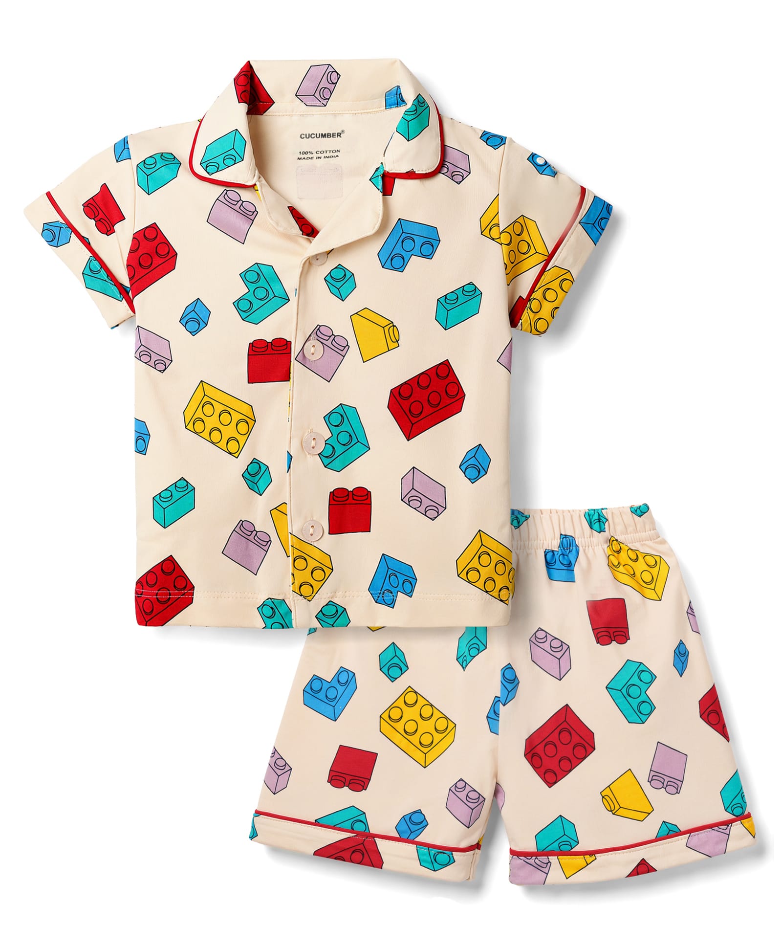CUCUMBER Sinker Knit Half Sleeves Shirt & Shorts Co-Ord Night Suit With Building Blocks Print - Cream-picture-40