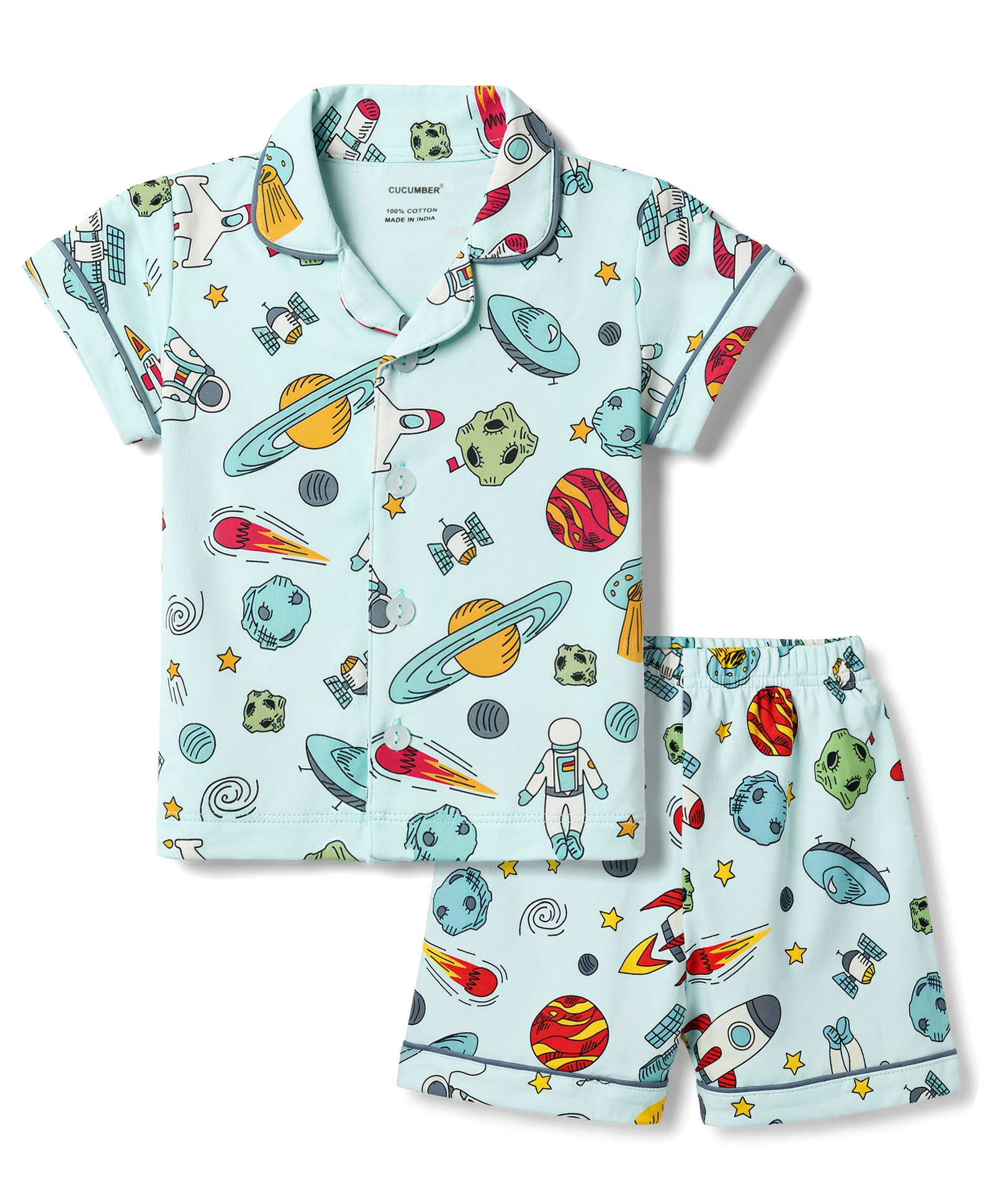 CUCUMBER Sinker Knit Half Sleeves Shirt & Shorts Co-Ord Night Suit With Space Print - Light Blue-picture-13
