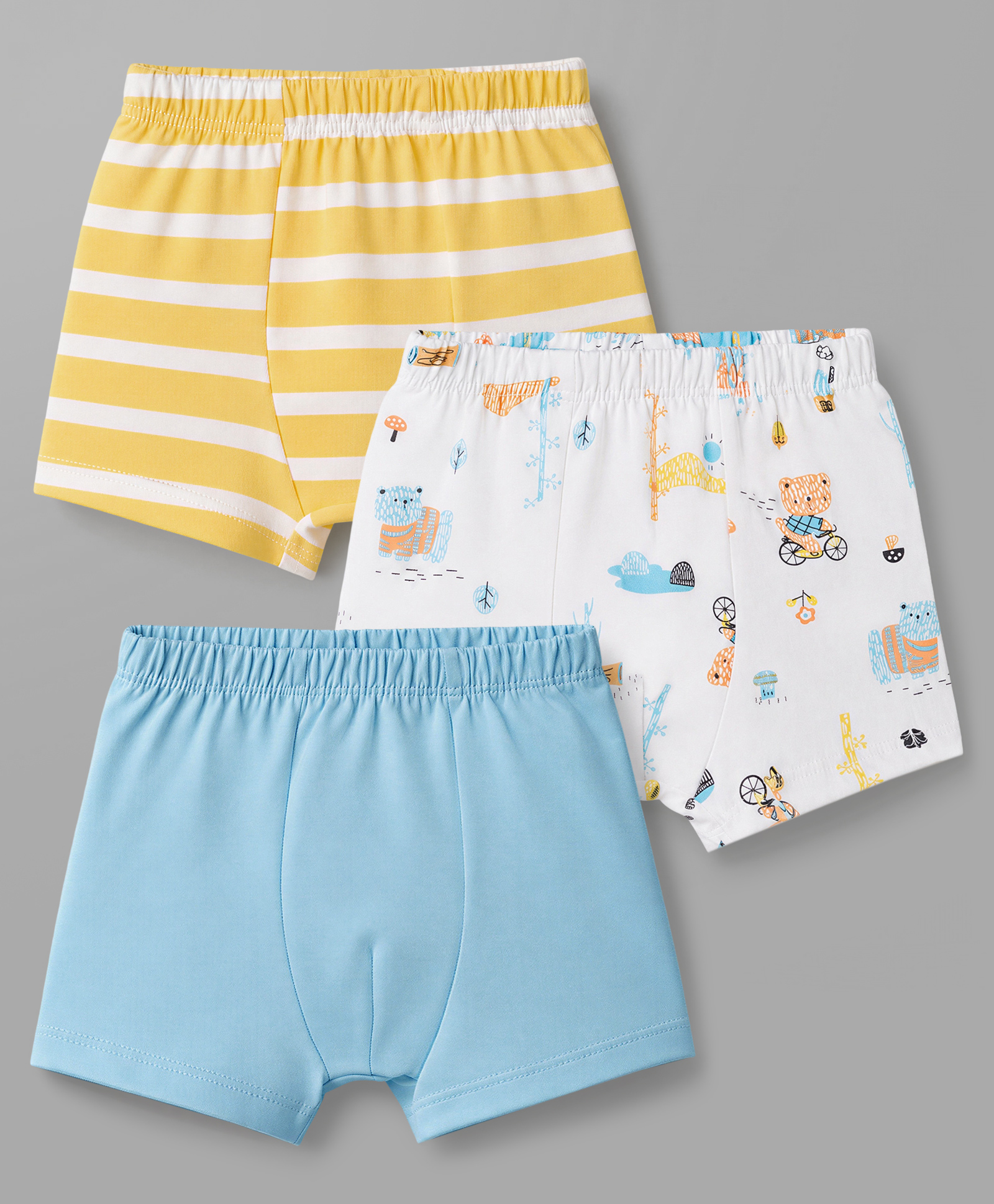 Babyhug 100% Cotton Single Jersey Knit Striped & Bear Printed Trunks Pack of 3 - White Yellow & Blue-image-12