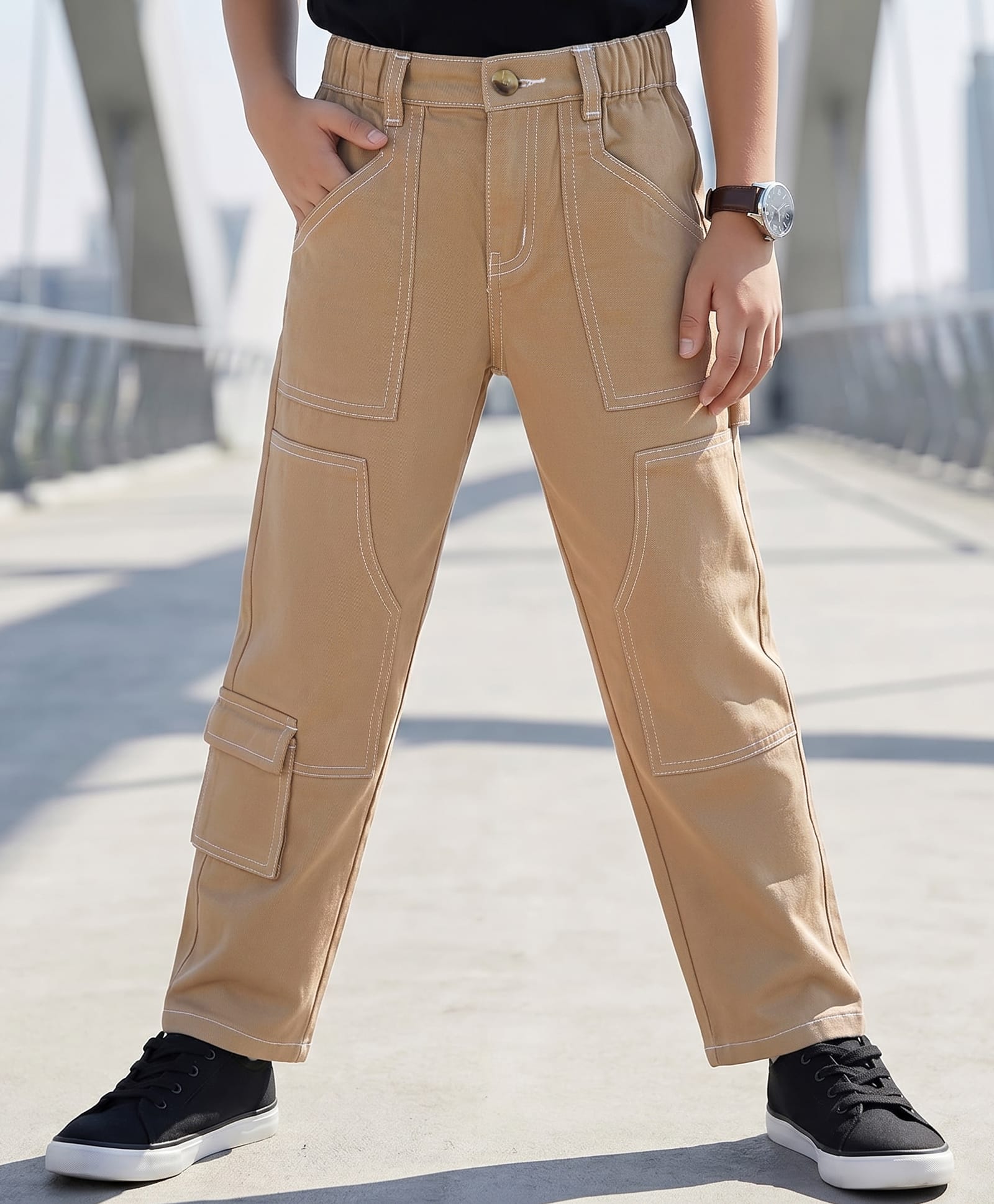 arias by lara dutta Arias Boys Cotton Elastane Twill Woven Full Length Solid Trouser With Cargo Pockets - Beige-picture-12