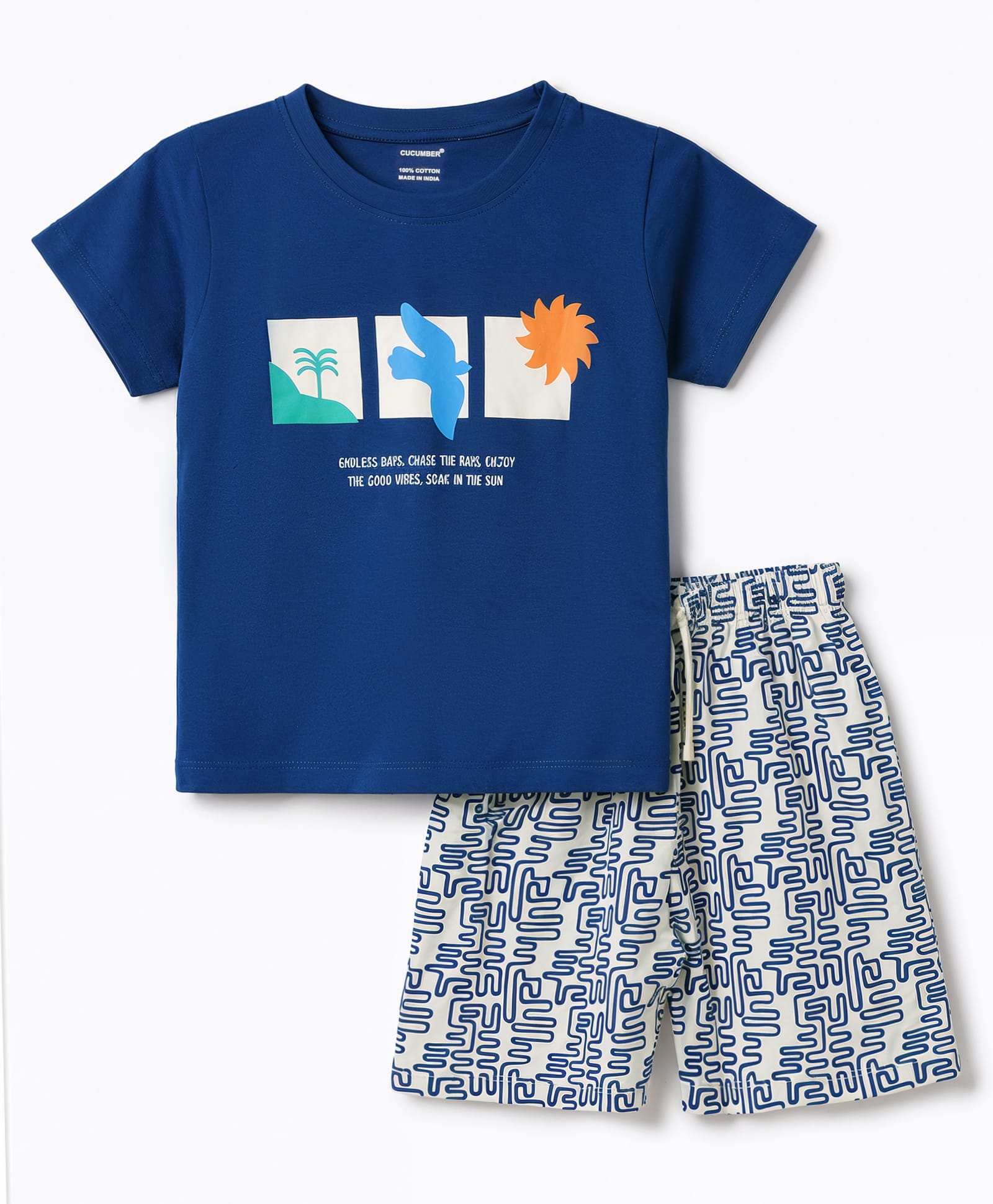 CUCUMBER Sinker Knit Half Sleeves T-Shirt & Shorts Set With Tropical Theme Print - Blue-image-15