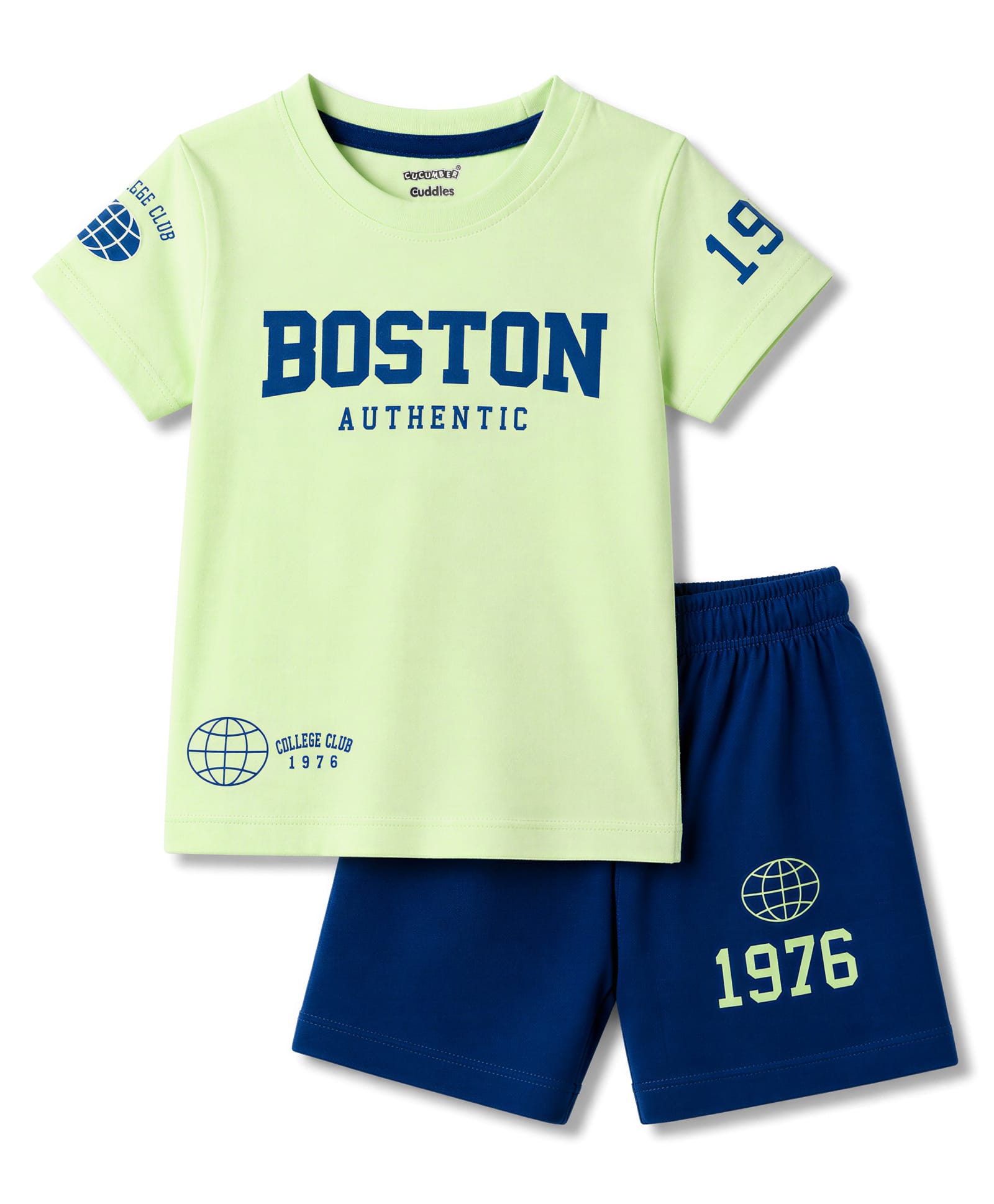 CUCUMBER Sinker Knit Half Sleeves Text Printed T-Shirt & Shorts Set - Light Green-picture-16
