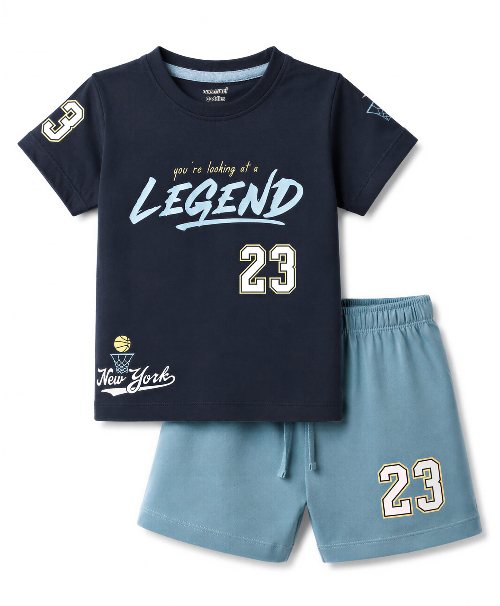 CUCUMBER Sinker Knit Half Sleeves Text Printed T-Shirt & Shorts Set - Navy Blue-image-4
