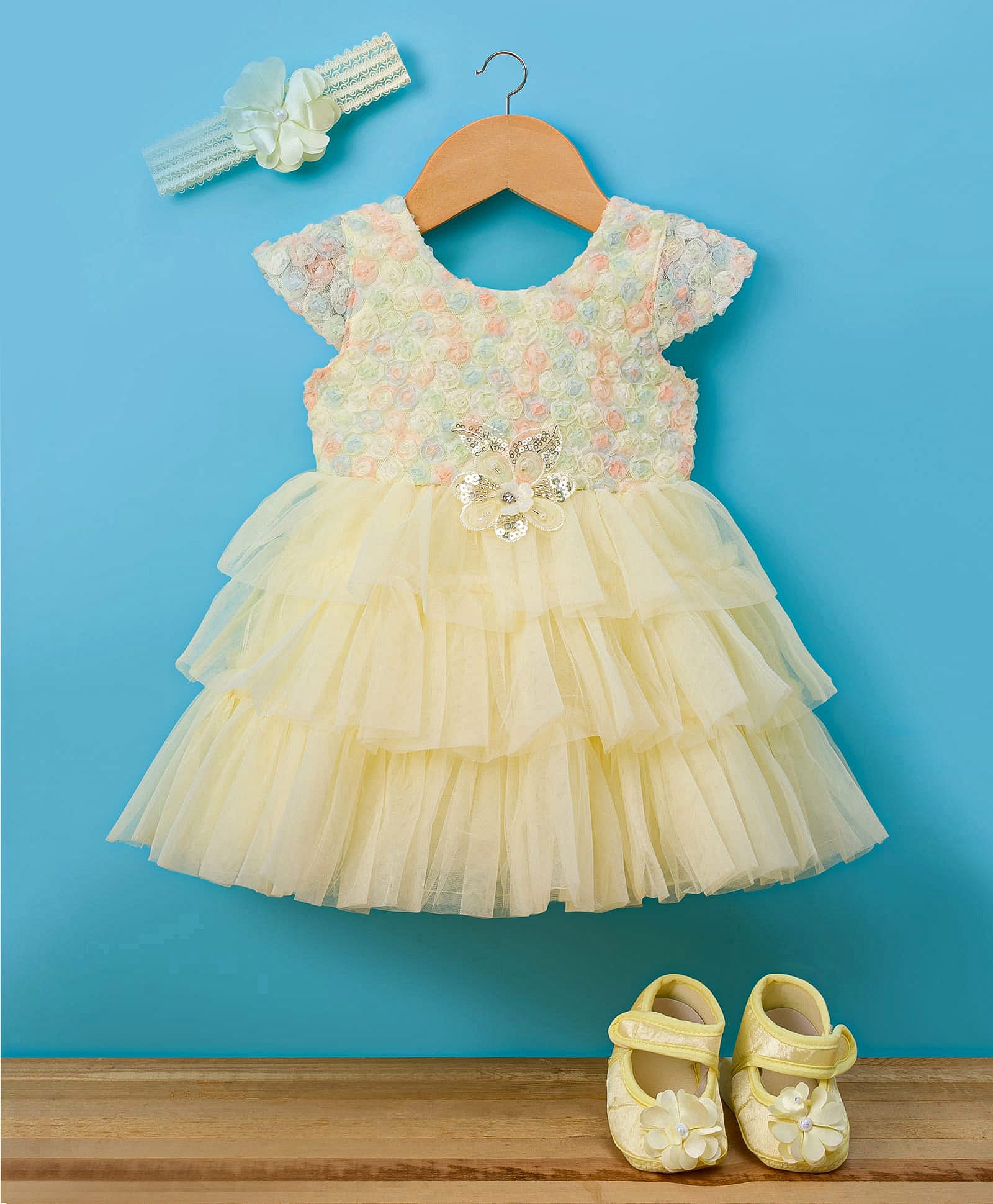 Enfance Cotton Mixes Woven Half Sleeves Floral Sequinned Party Frock With Headband & Booties Set - Yellow-image-43