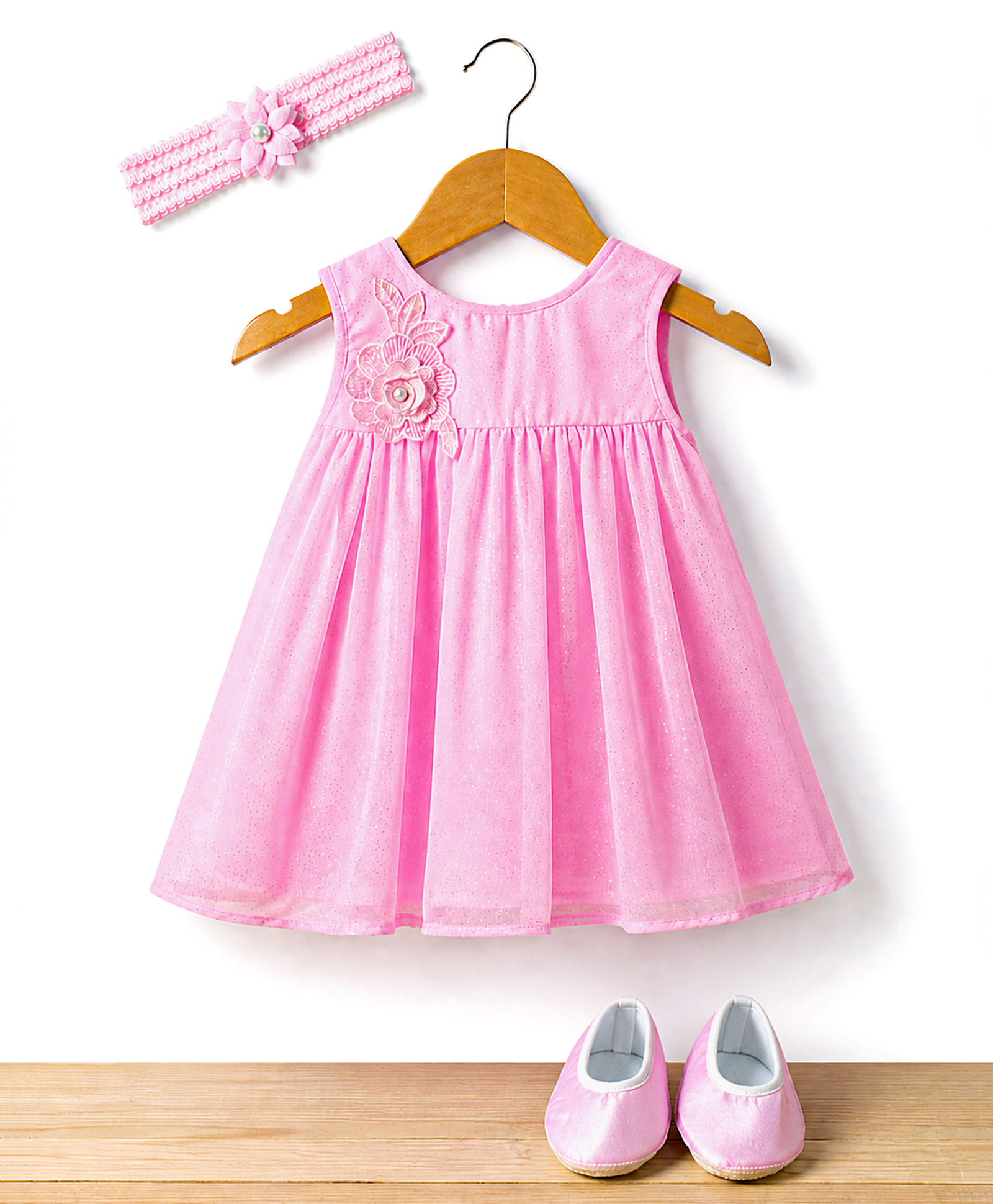 Enfance Net Woven Sleeveless Dress With Headband & Pair Of Shoes - Pink-picture-3
