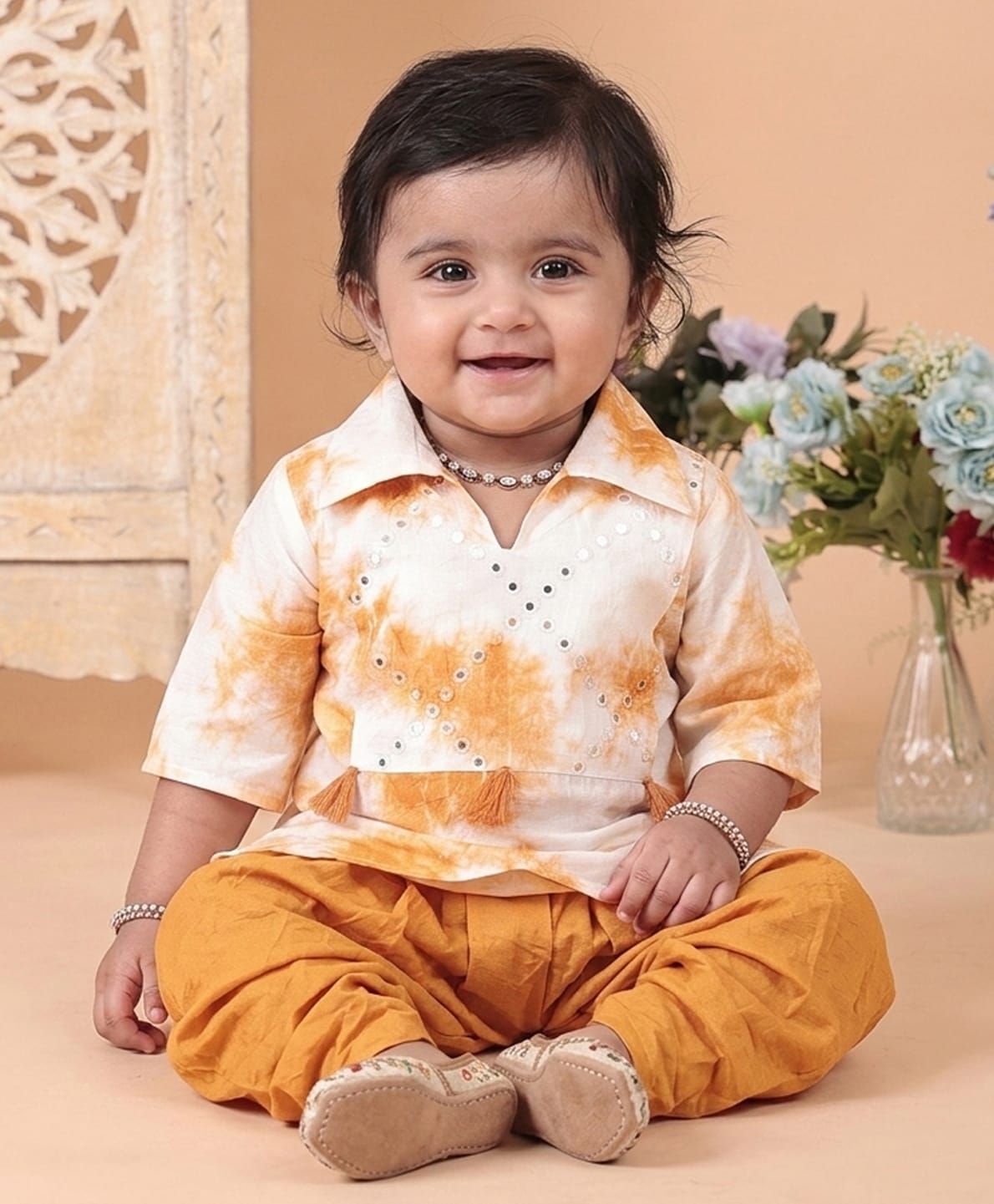 Kinder Kids Cotton Woven Three Fourth Sleeves Shibori Printed Mirror Work Detailed Dhoti Kurti Set - Yellow-image-34