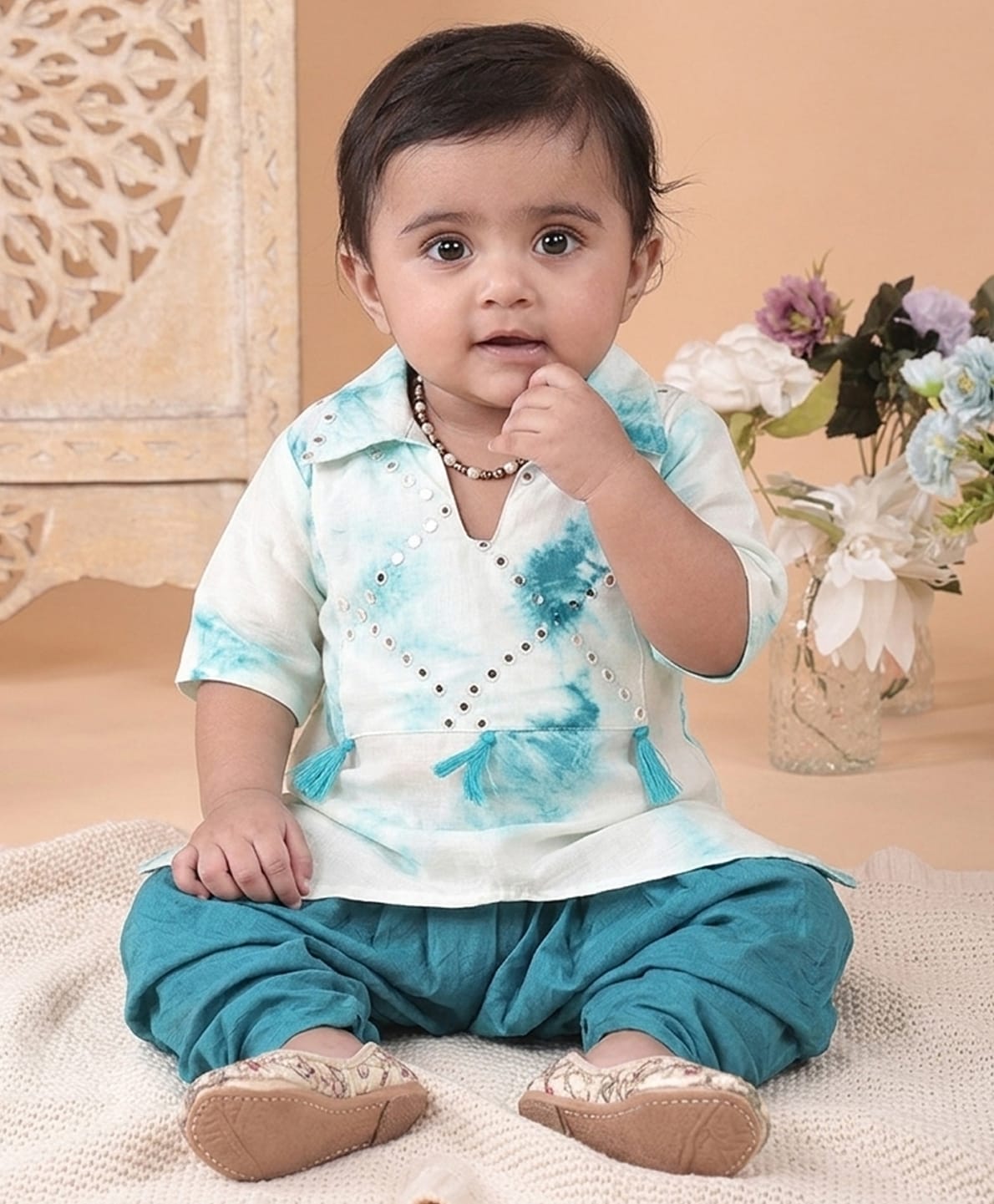 Kinder Kids Cotton Woven Three Fourth Sleeves Shibori Printed Mirror Work Detailed Dhoti Kurti Set - Blue-image-10