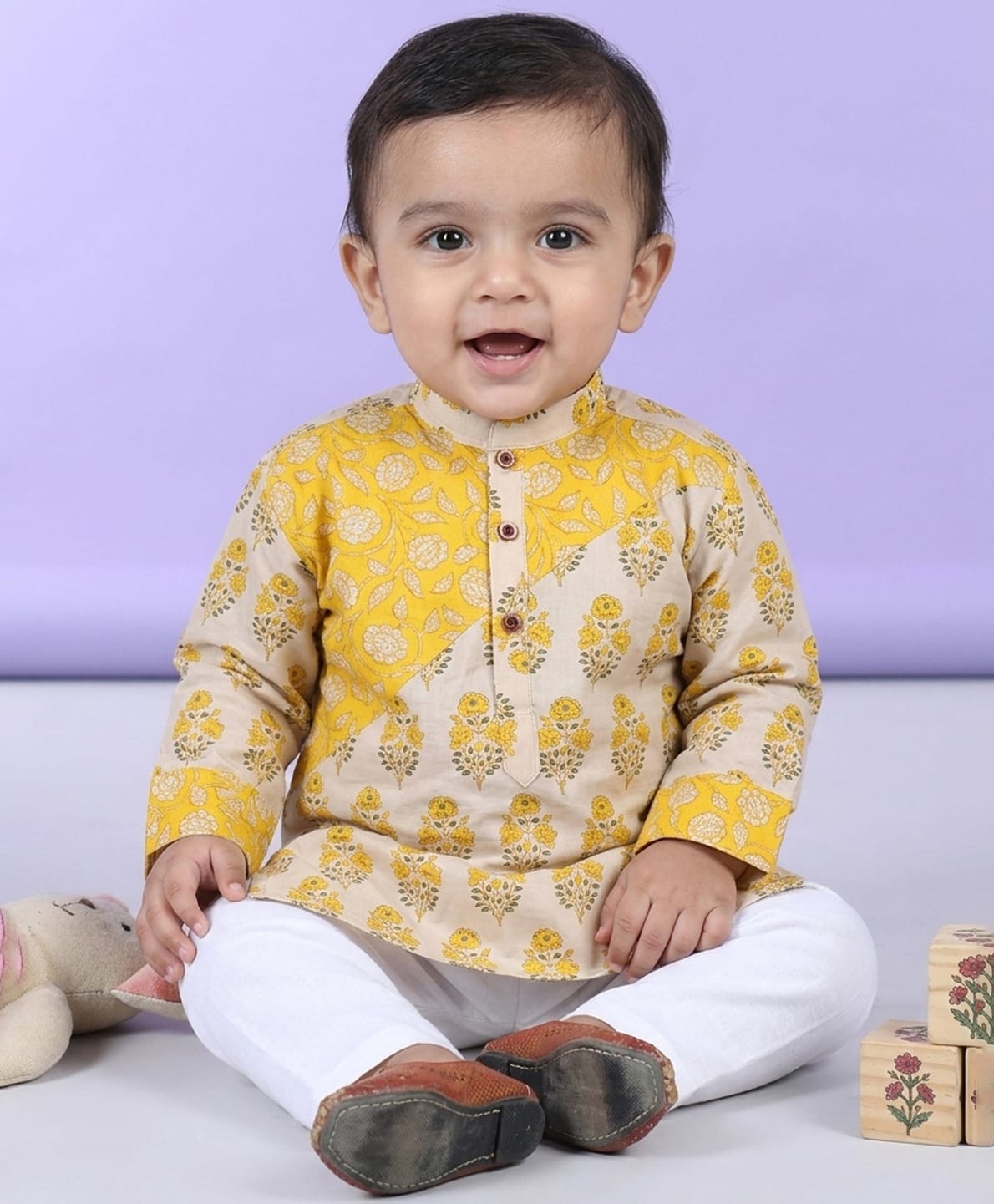 Kinder Kids Cotton Woven Full Sleeves Floral Printed Kurta Pyjama Set - Yellow-picture-36