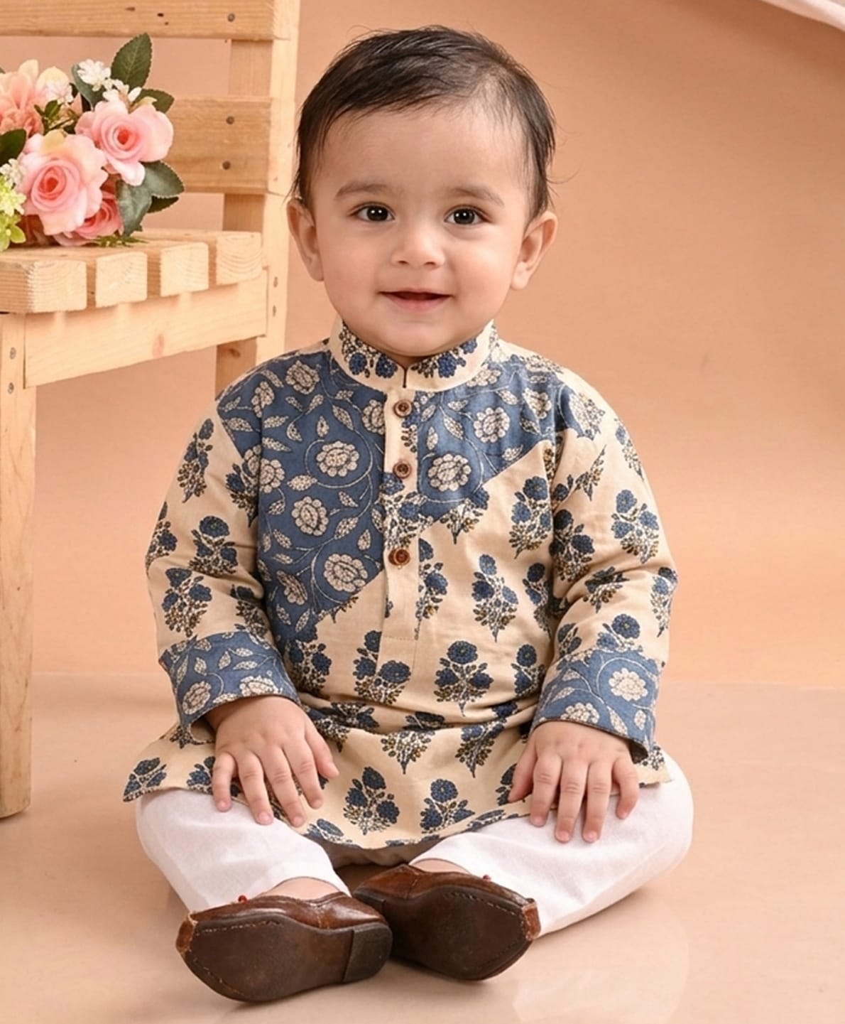 Kinder Kids Cotton Woven Full Sleeves Floral Printed Kurta Pyjama Set - Blue-image-46
