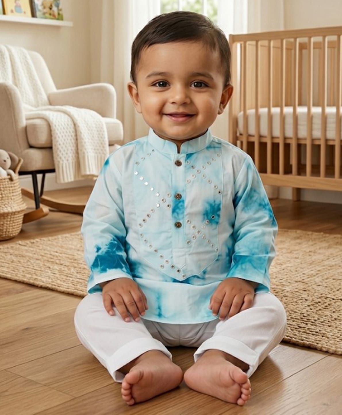 Kinder Kids Cotton Woven Three Fourth Sleeves Shibori Printed Mirror Work Detailed Kurta Pyjama Set - Blue-image-29