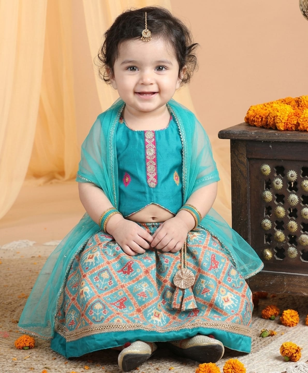 Kinder Kids Cotton Woven Sleeveless Geometric & Floral Embroidered Lehenga & Choli With Dupatta Set - Green-image-39
