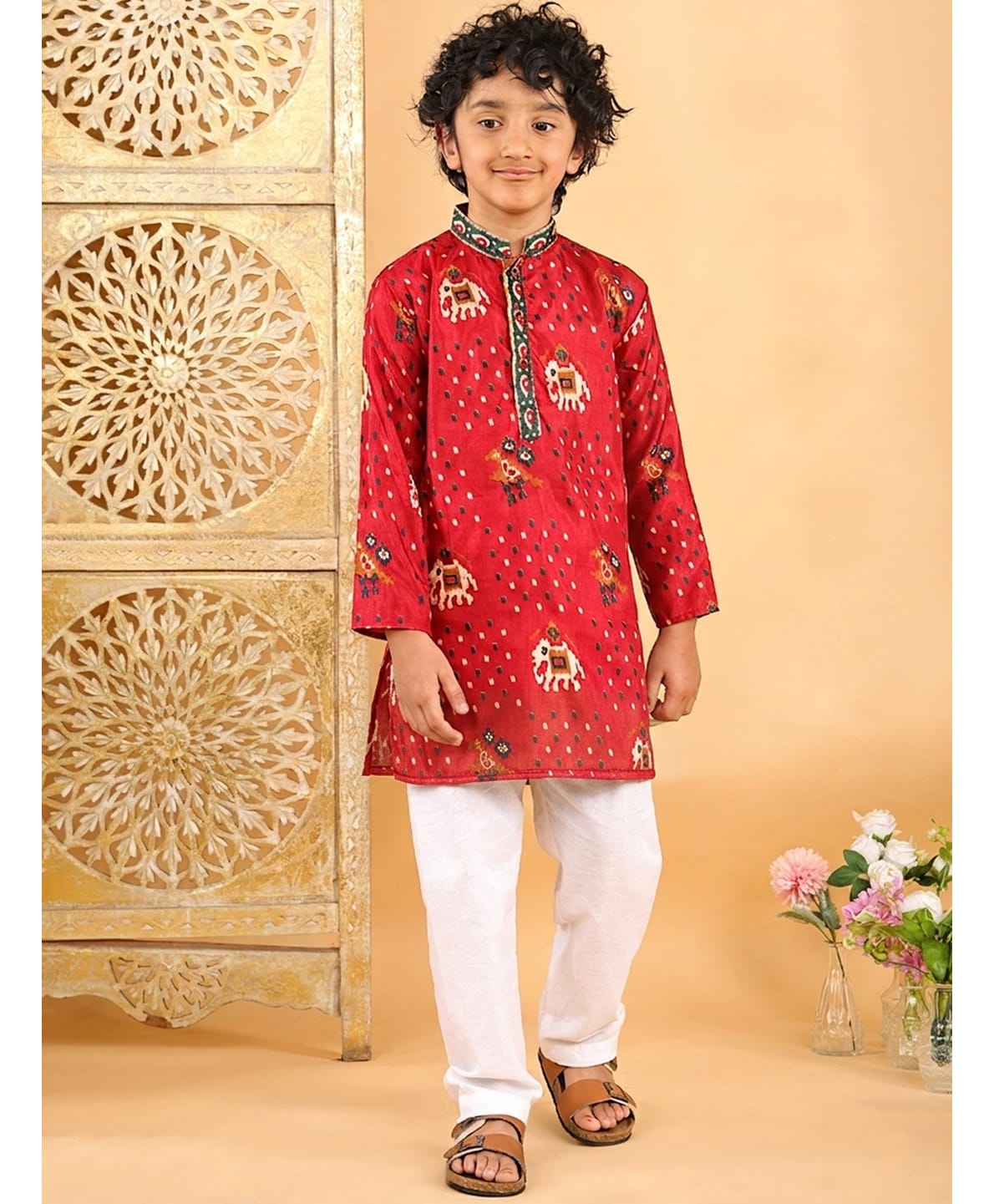 Kinder Kids Cotton Woven Full Sleeves Elephant & Abstract Printed Kurta & Pyjama Set - Red-image-34