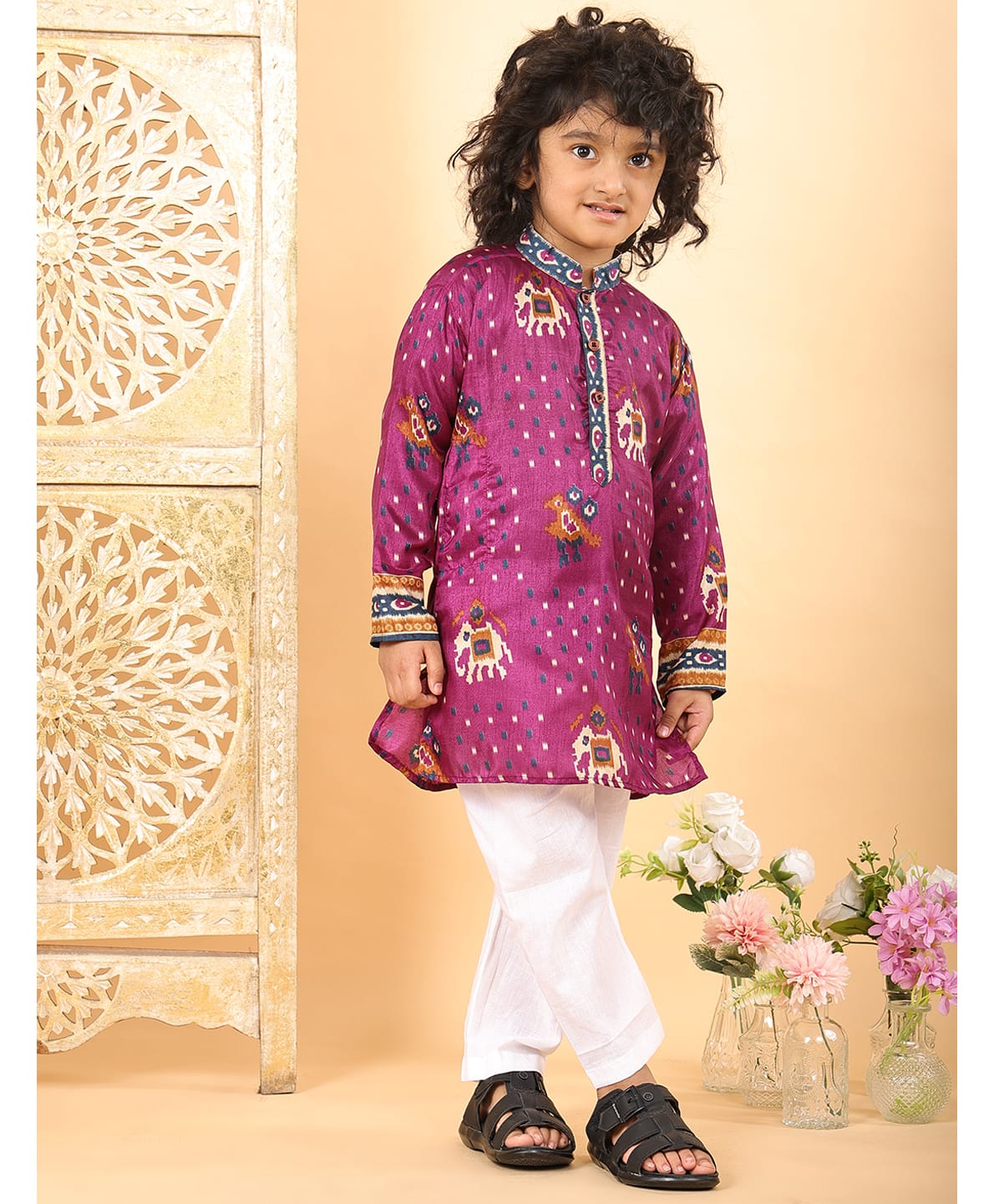 Kinder Kids Cotton Woven Full Sleeves Elephant & Abstract Printed Kurta & Pyjama Set - Purple-image-49