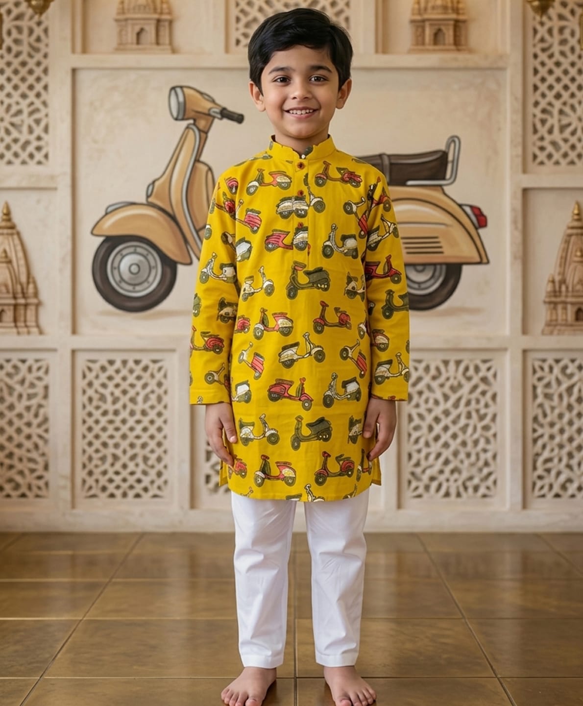 Kinder Kids Cotton Woven Full Sleeves Scooter Printed Kurta & Pyjama Set - Yellow-picture-21