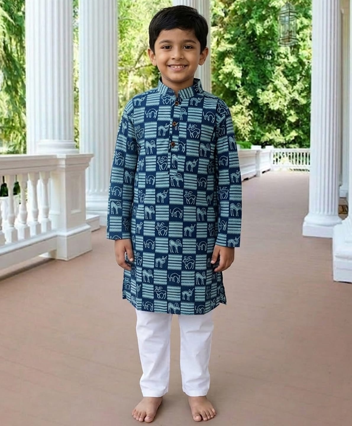 Kinder Kids Cotton Woven Full Sleeves Animal & Abstract Printed Kurta & Pyjama Set - Blue-picture-19