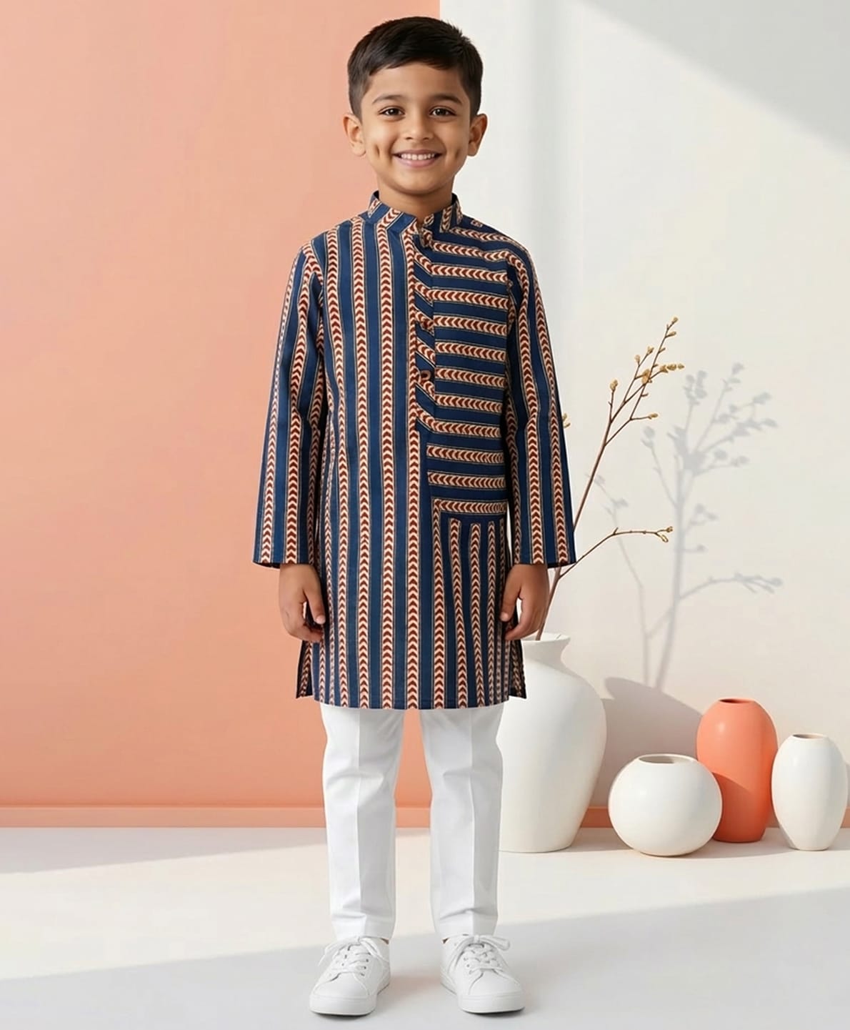 Kinder Kids Cotton Woven Full Sleeves Striped Kurta & Pyjamas Set - Blue-picture-12