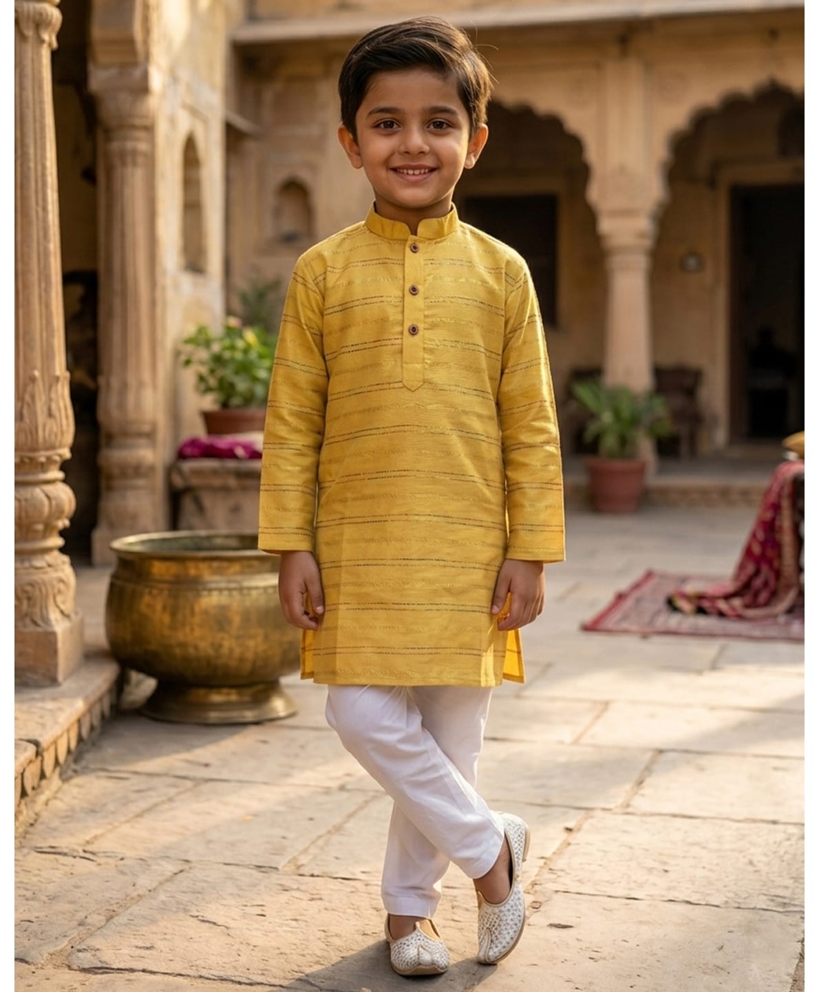 Kinder Kids Cotton Woven Full Sleeves Striped Embroidered Kurta & Pyjama Set - Yellow-picture-11