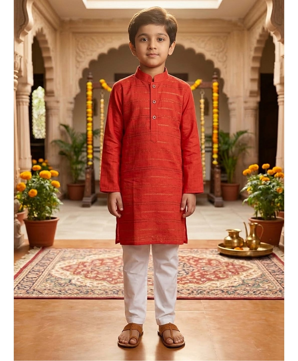 Kinder Kids Cotton Woven Full Sleeves Striped Embroidered Kurta & Pyjama Set - Red-image-39