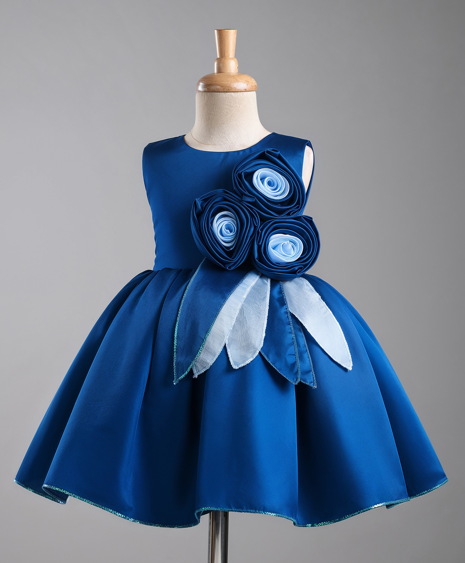 Bluebell T-issue Woven Sleeveless Solid Colour Fit & Flare Party Dress with Floral Applique - Royal Blue-image-14