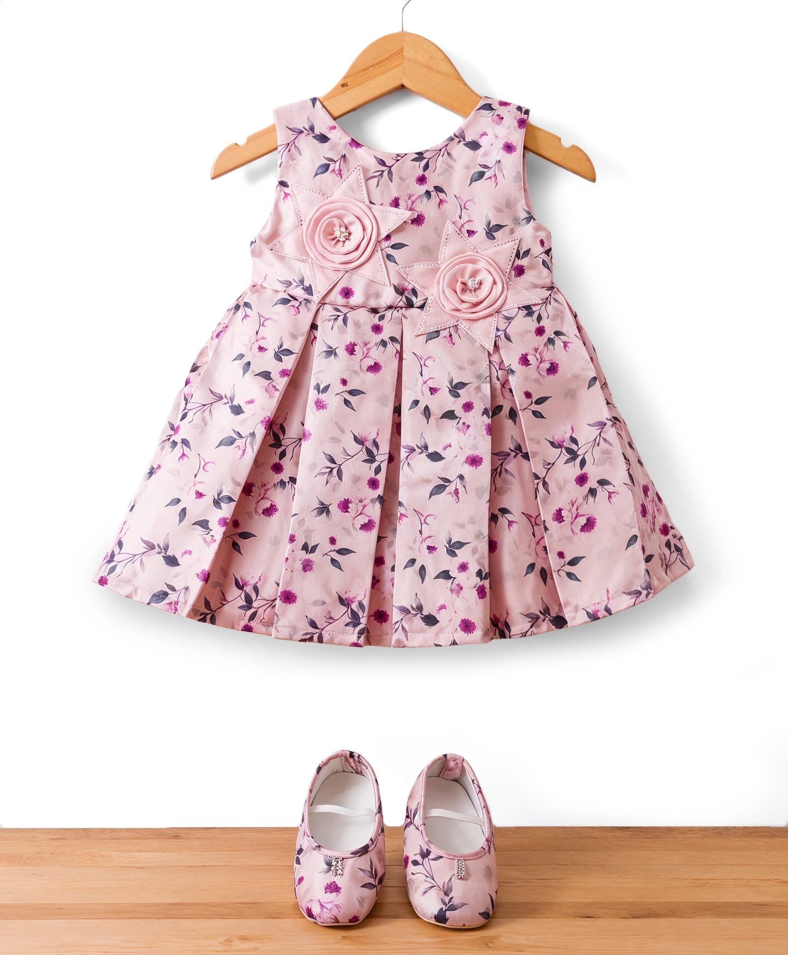 Bluebell Satin Woven Sleeveless Floral Printed & Applique Pleated Party Dress With Booties - Pink-image-40