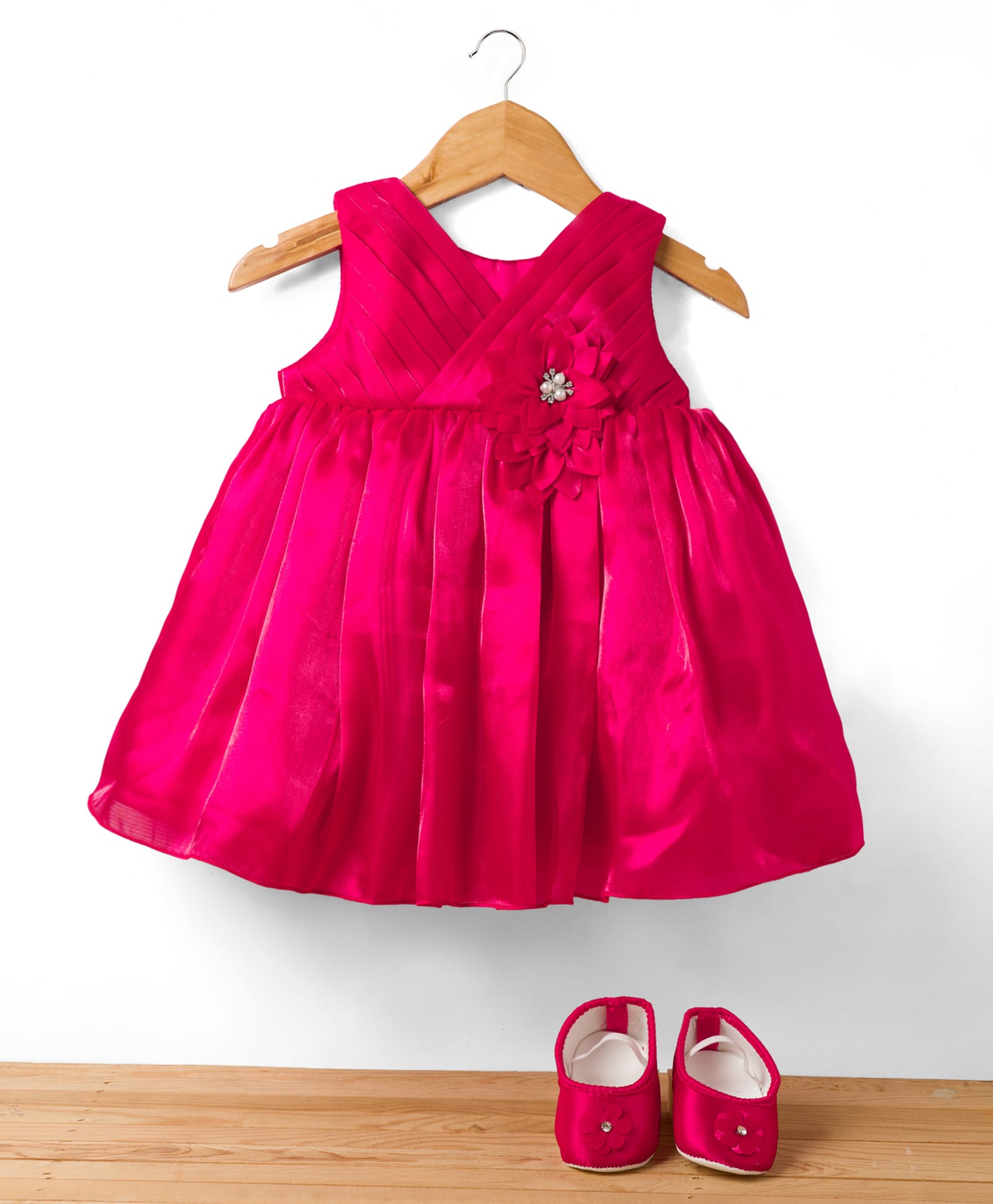 Bluebell Tissue Woven Sleeveless Party Dress With Floral Applique & Booties - Red-image-47